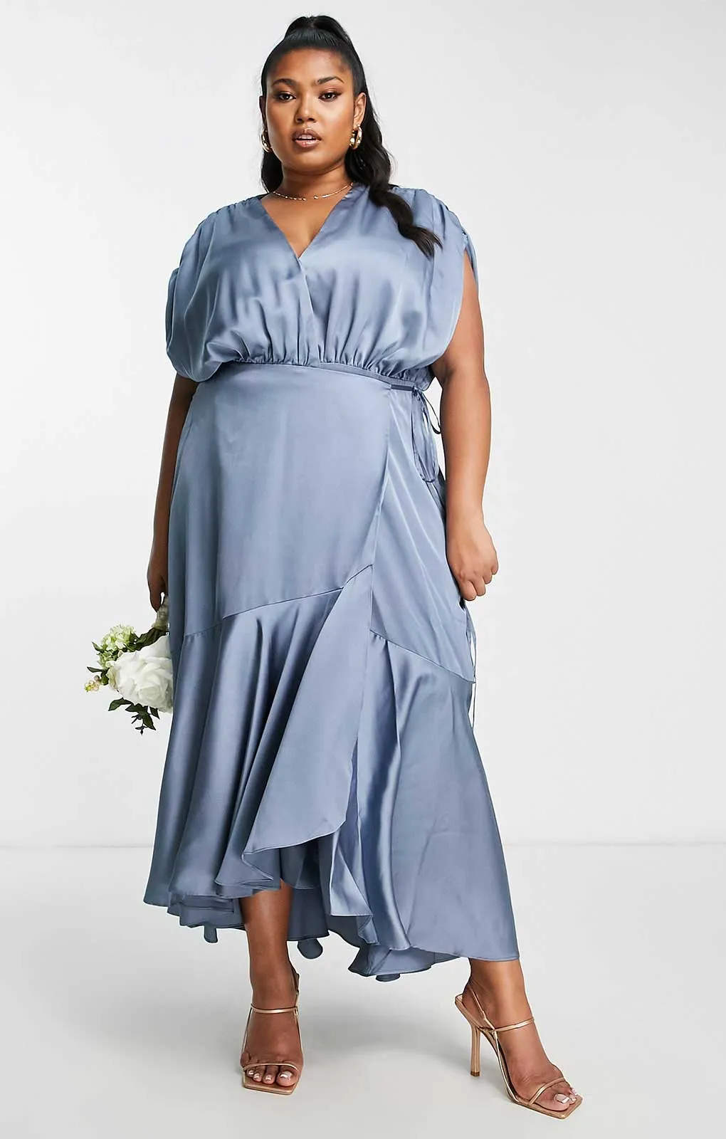 Asos Curve Satin Wrap Midi Dress With Ruched Detail In Dusky Blue