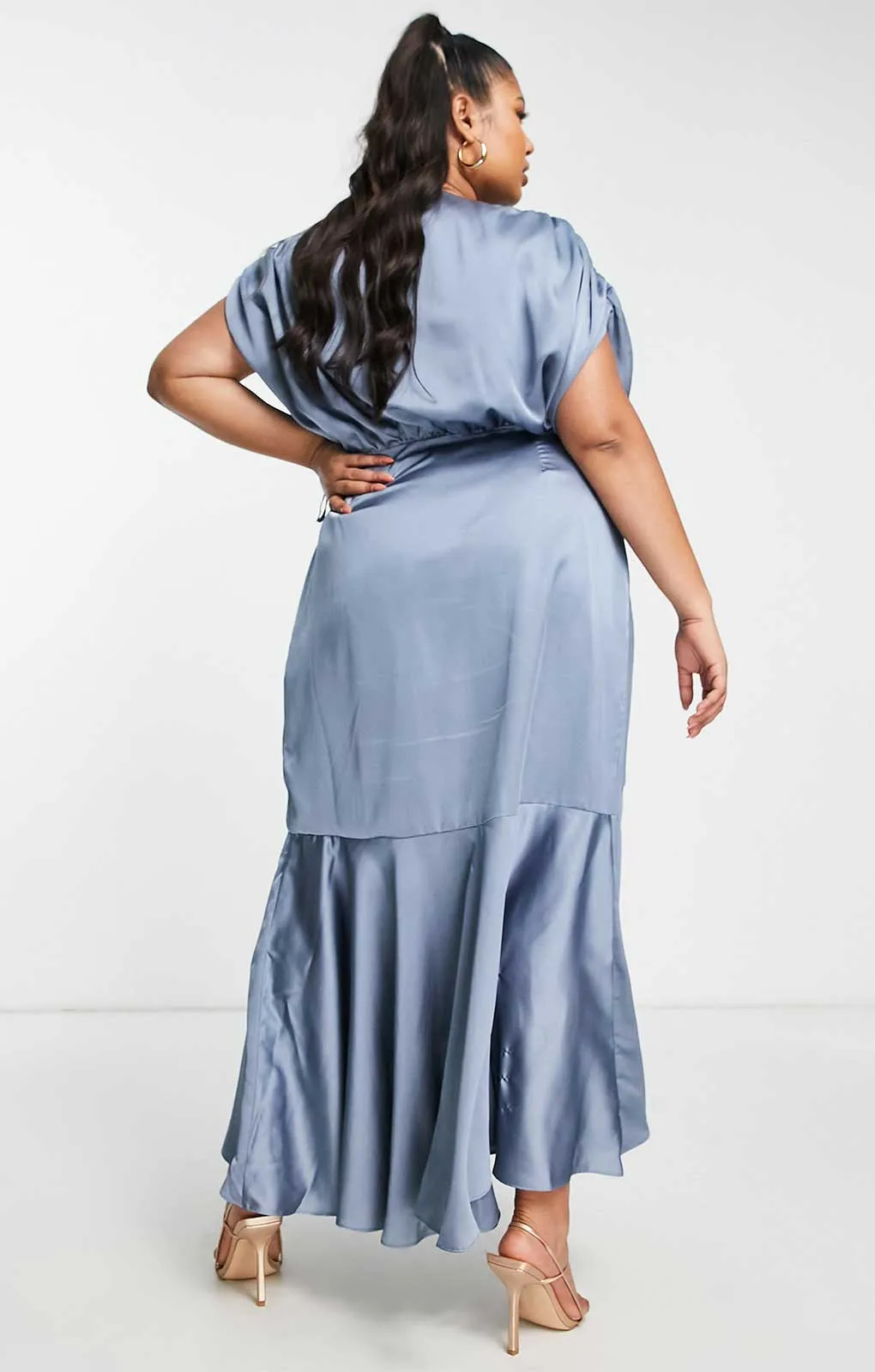 Asos Curve Satin Wrap Midi Dress With Ruched Detail In Dusky Blue