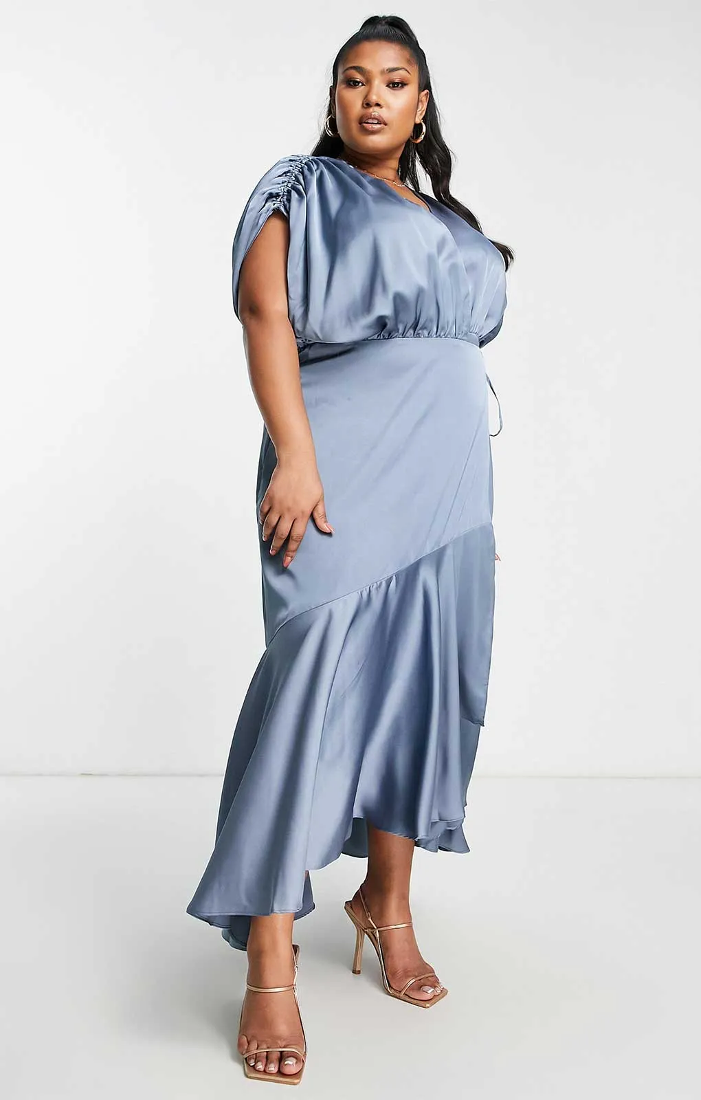 Asos Curve Satin Wrap Midi Dress With Ruched Detail In Dusky Blue