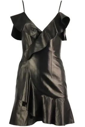 BALMAIN WRAP EFFECT RUFFLED LEATHER MINI DRESS FR 36 UK 8