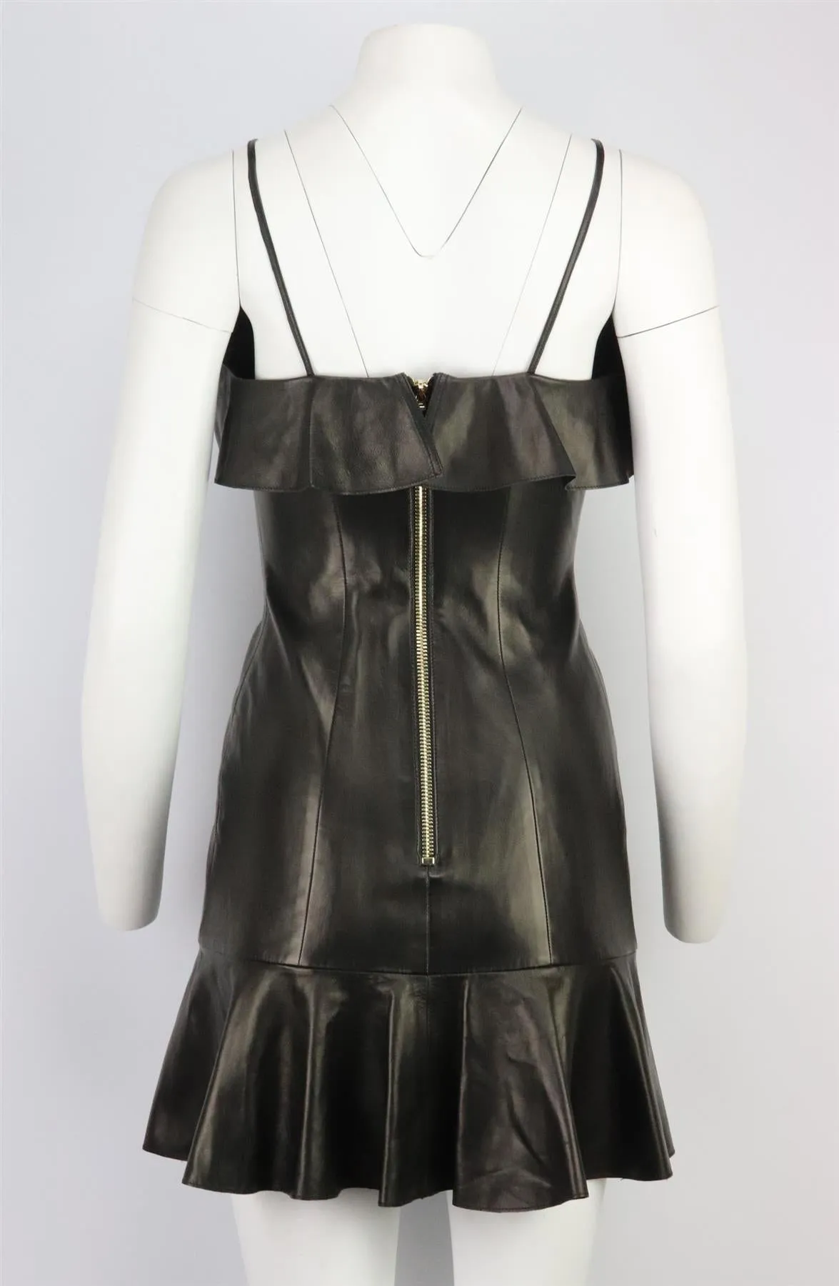 BALMAIN WRAP EFFECT RUFFLED LEATHER MINI DRESS FR 36 UK 8