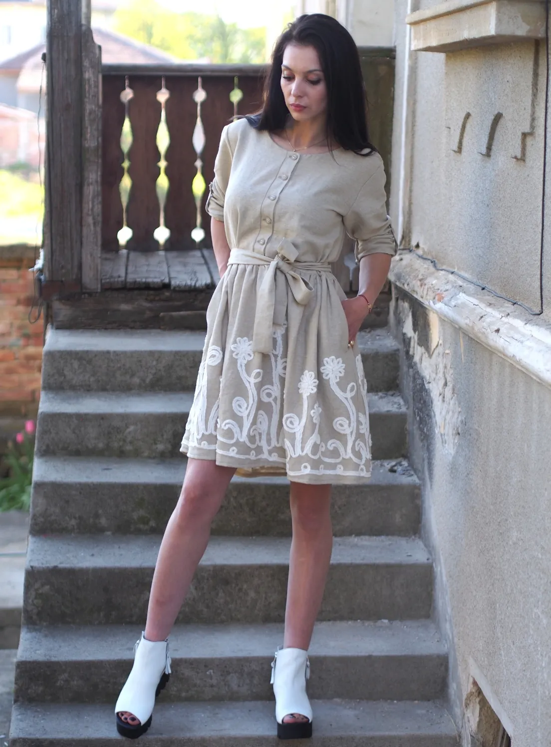 Beige linen dress/women linen dress/summer linen dress/extravagant linen dress