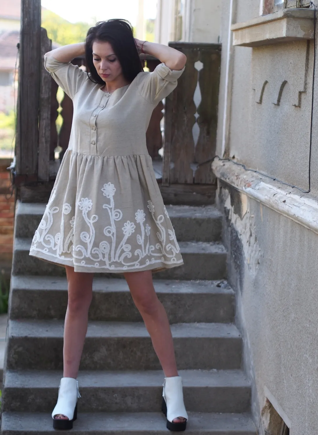 Beige linen dress/women linen dress/summer linen dress/extravagant linen dress