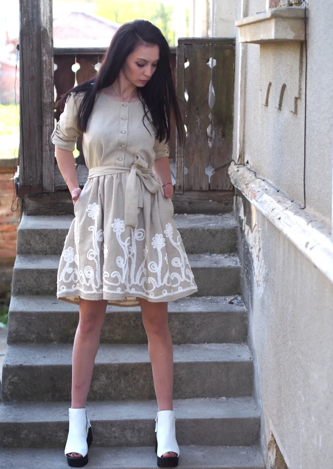 Beige linen dress/women linen dress/summer linen dress/extravagant linen dress