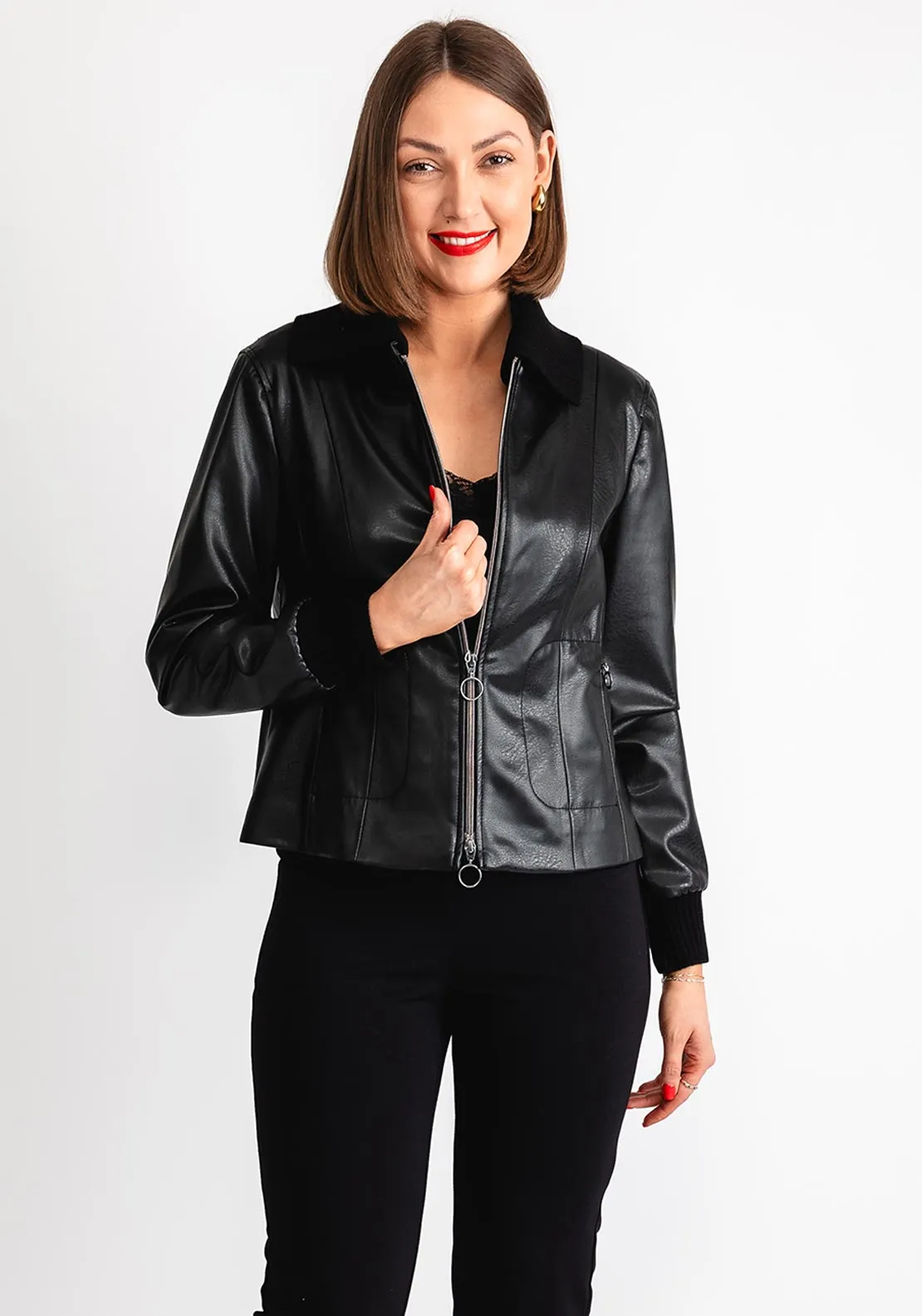 Bianca Faux Leather Ribbed Collar Jacket, Black