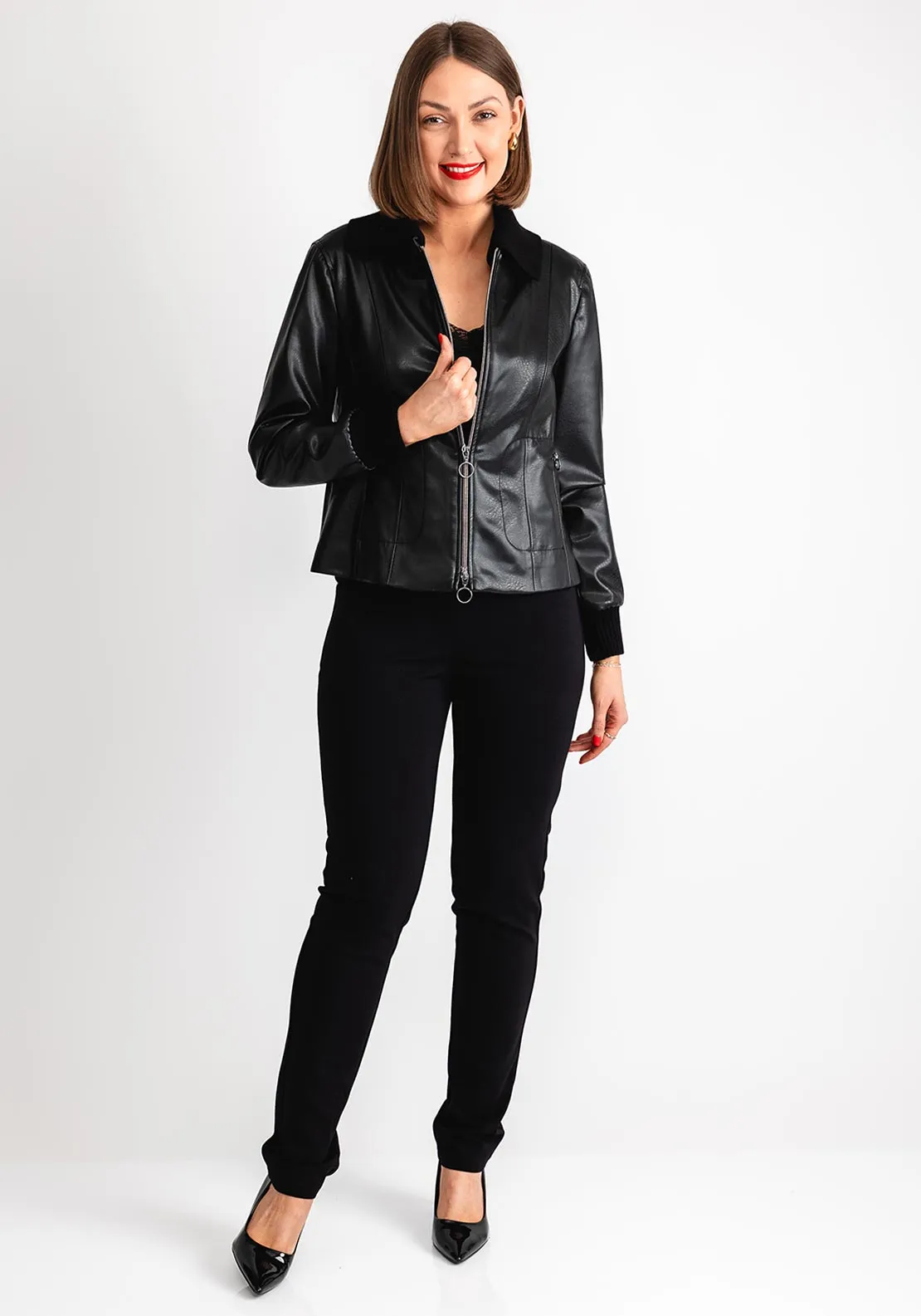 Bianca Faux Leather Ribbed Collar Jacket, Black