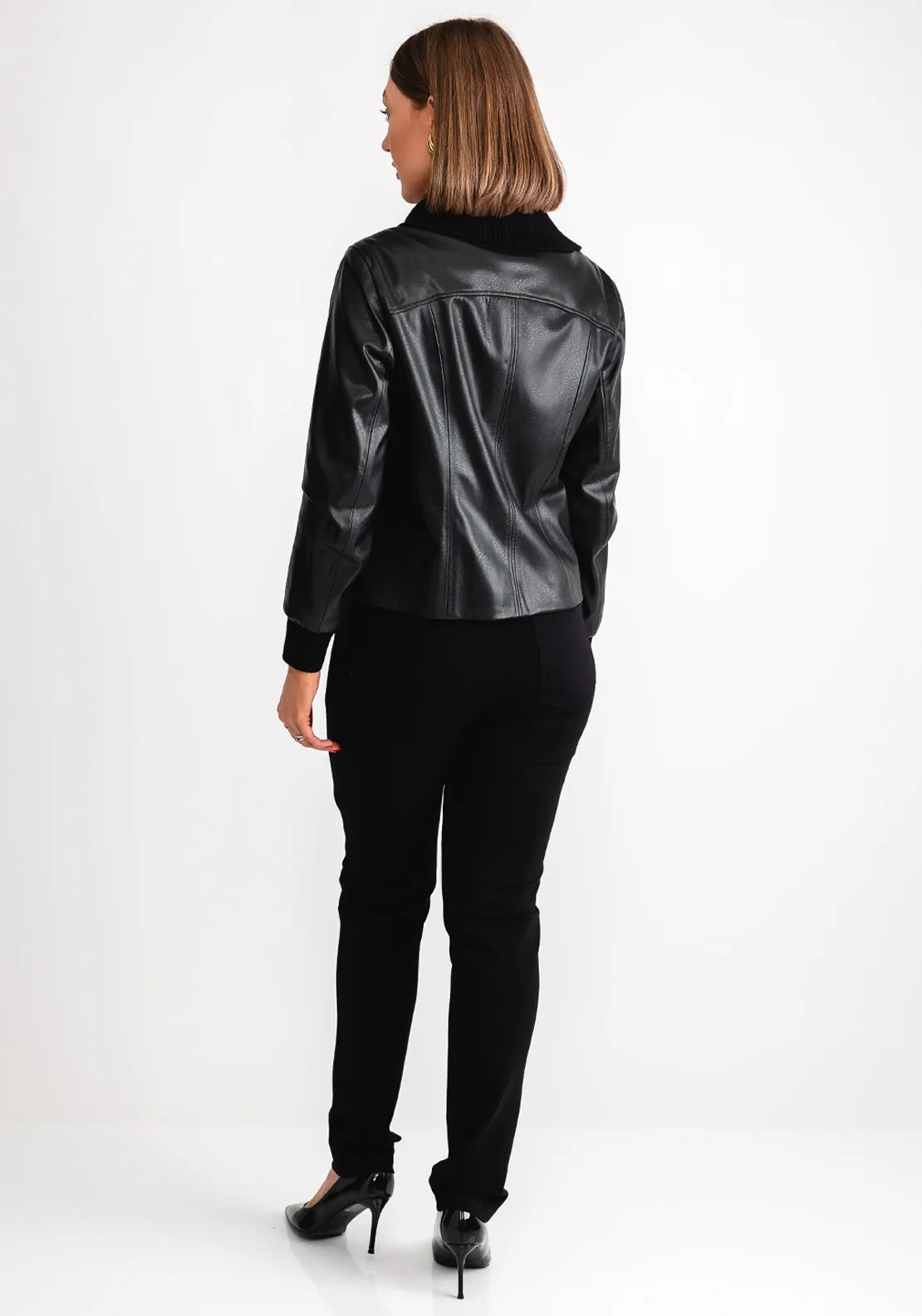 Bianca Faux Leather Ribbed Collar Jacket, Black