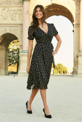 Black & Gold Metallic Spot Print Mesh Wrap Jersey Dress