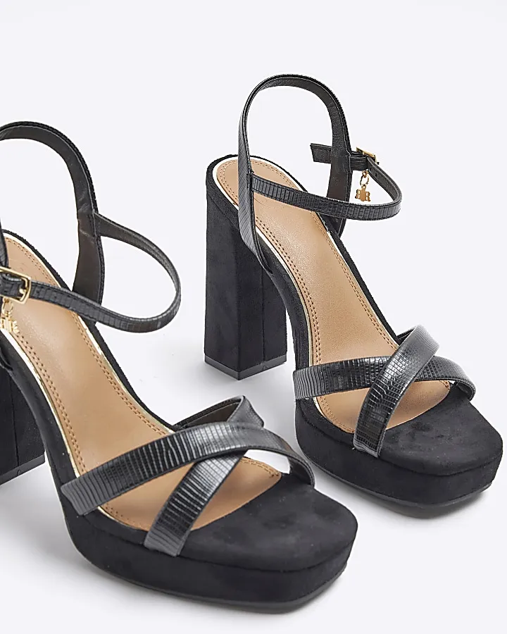 Black wide fit crossed strap heeled sandals