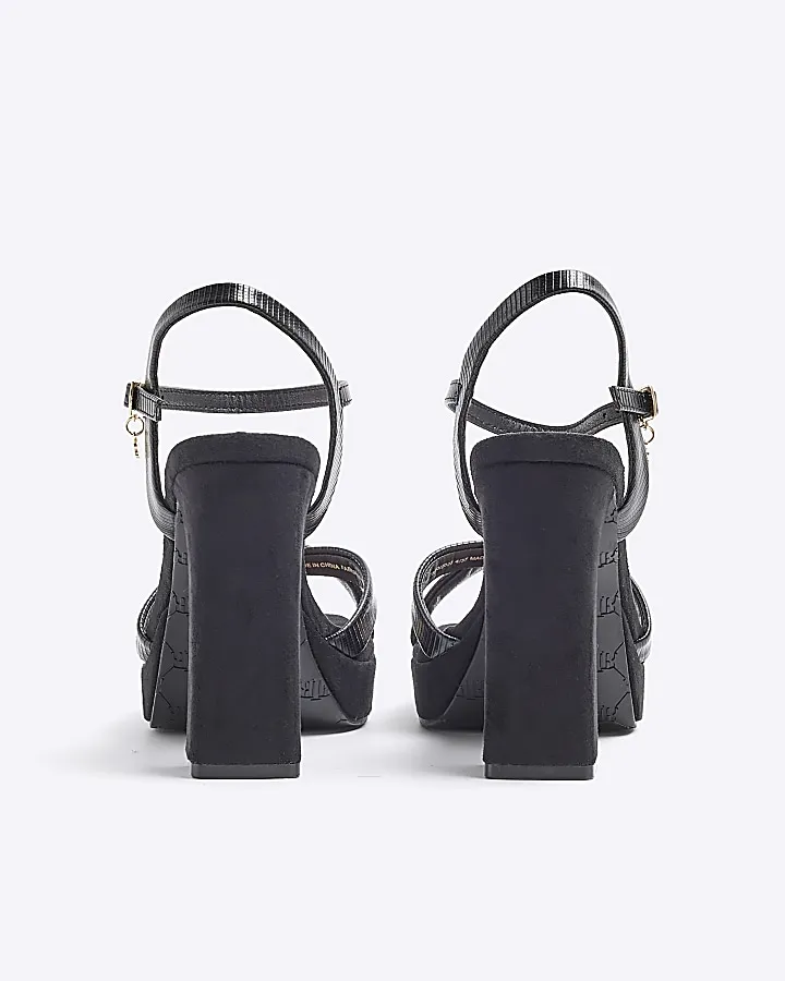 Black wide fit crossed strap heeled sandals