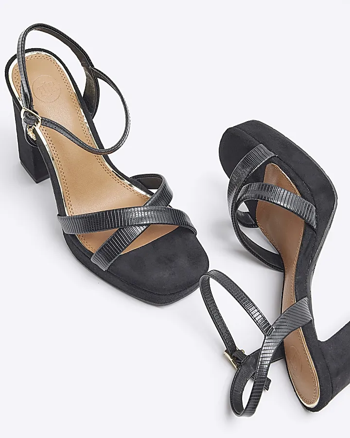 Black wide fit crossed strap heeled sandals