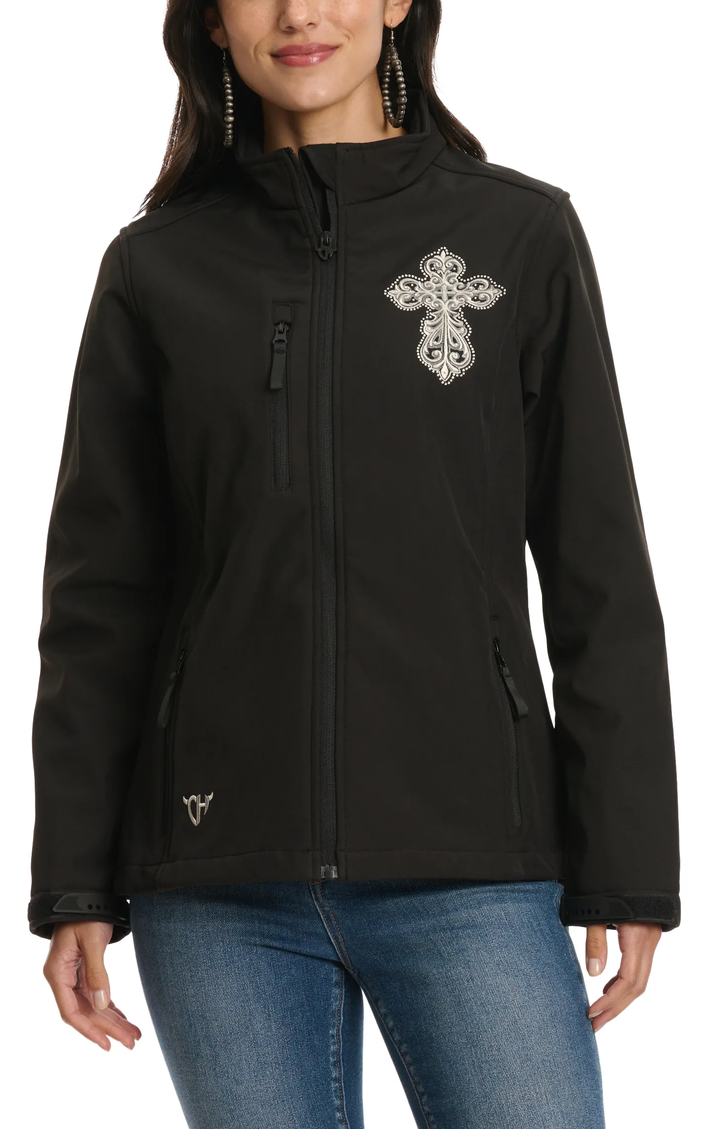 Cowgirl Hardware Women's Black Soft Shell Embroidered Cross & Bling Jacket