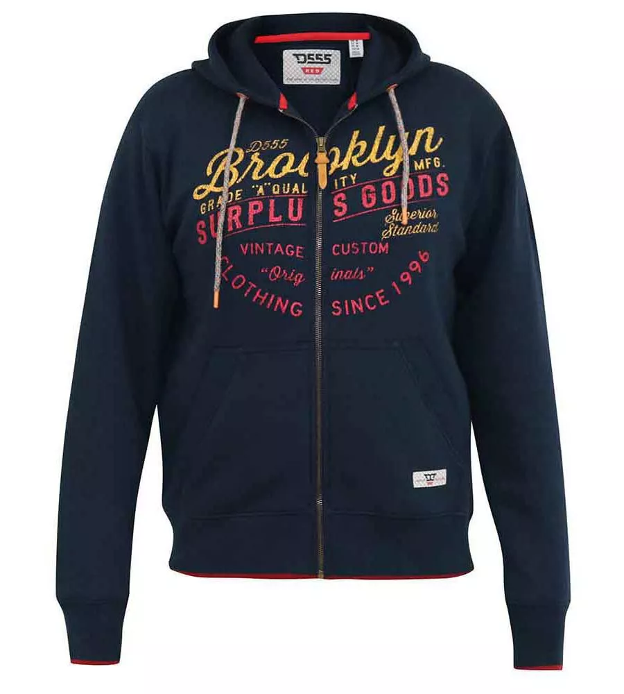 D555 Mens Navy Full Zip Hoodie With Brooklyn Chest Print (WORCESTER)