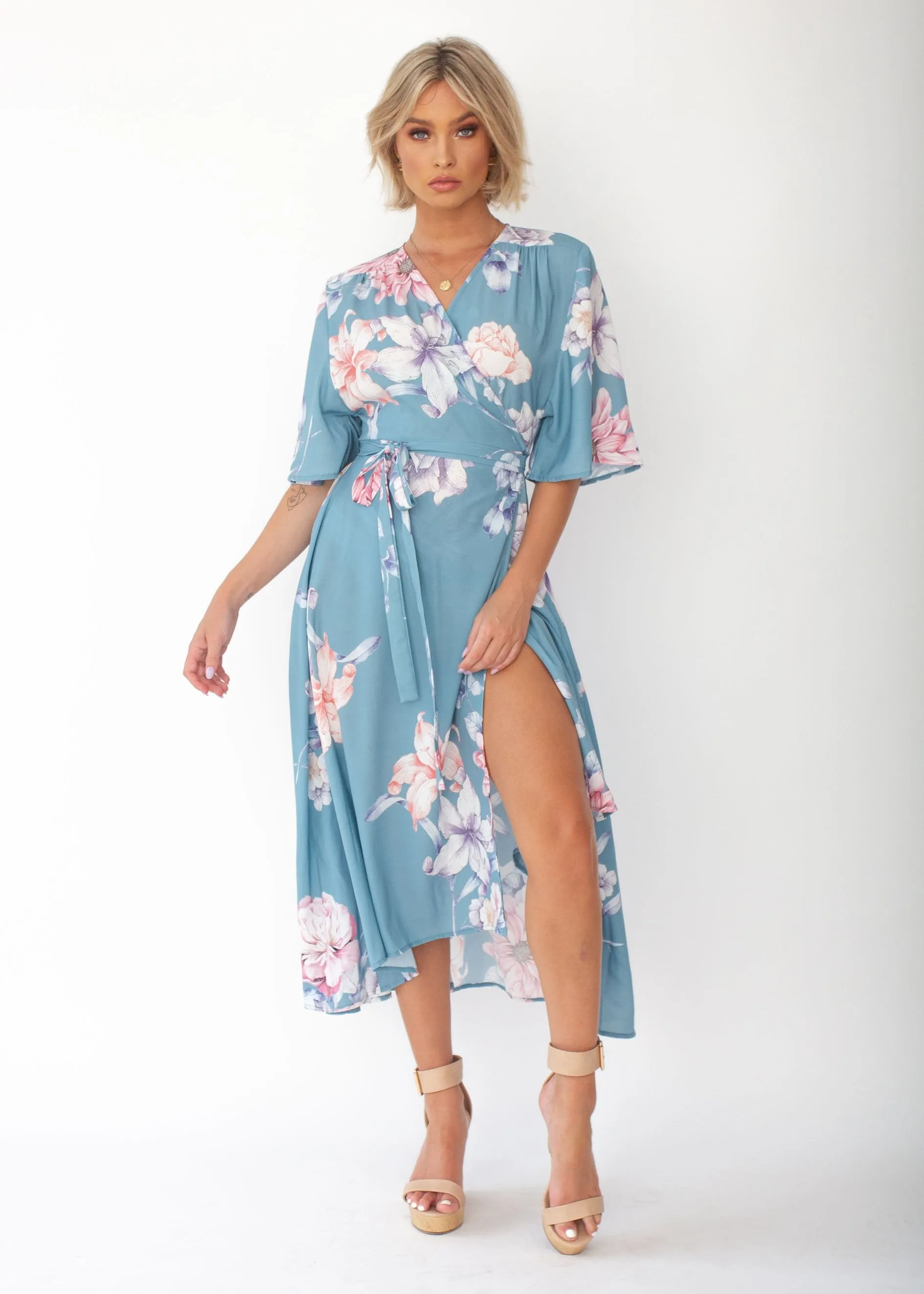 Daphne Midi Wrap Dress - Teal Floral