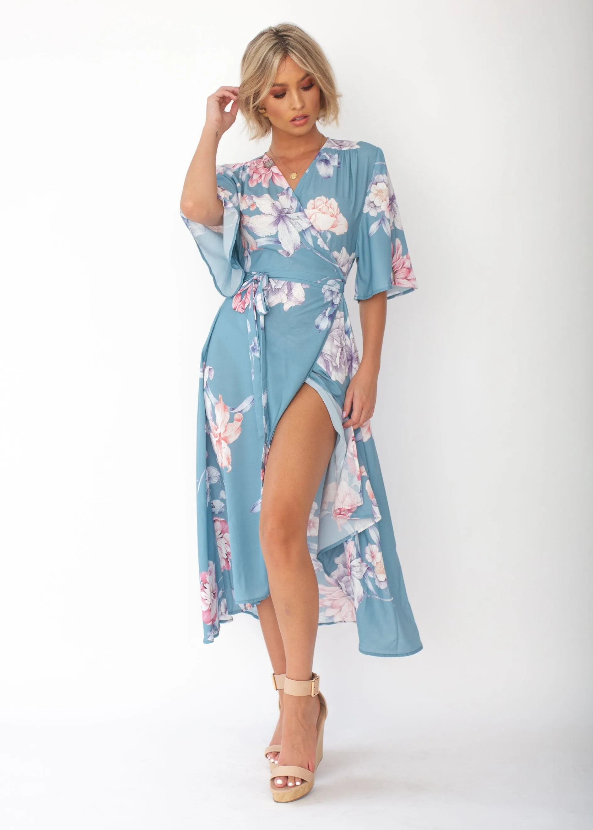 Daphne Midi Wrap Dress - Teal Floral