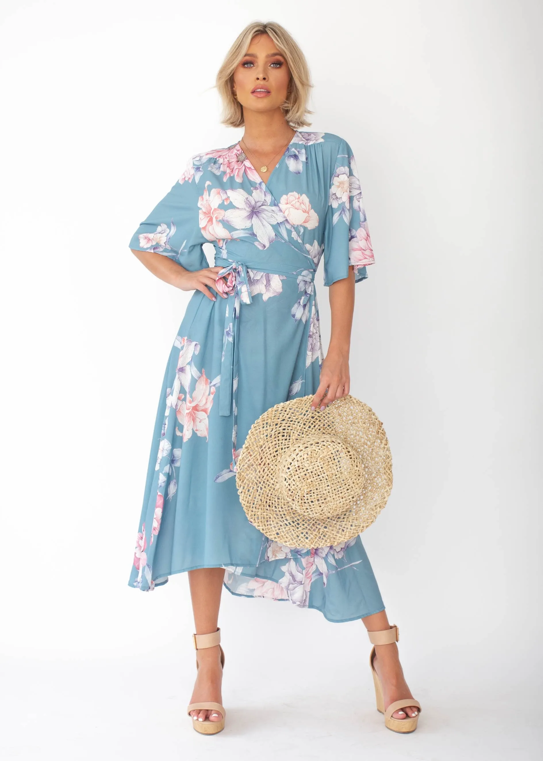 Daphne Midi Wrap Dress - Teal Floral