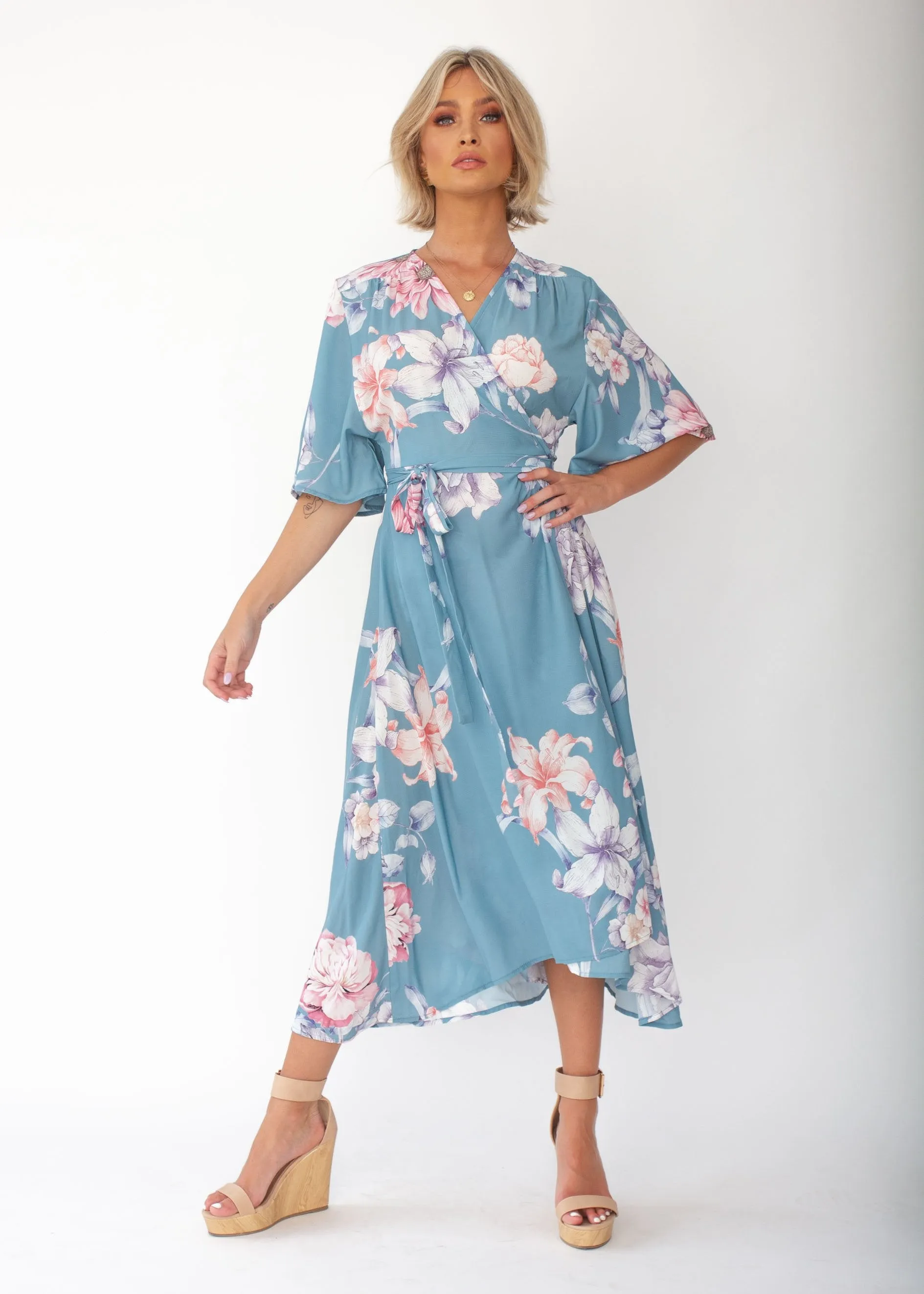 Daphne Midi Wrap Dress - Teal Floral