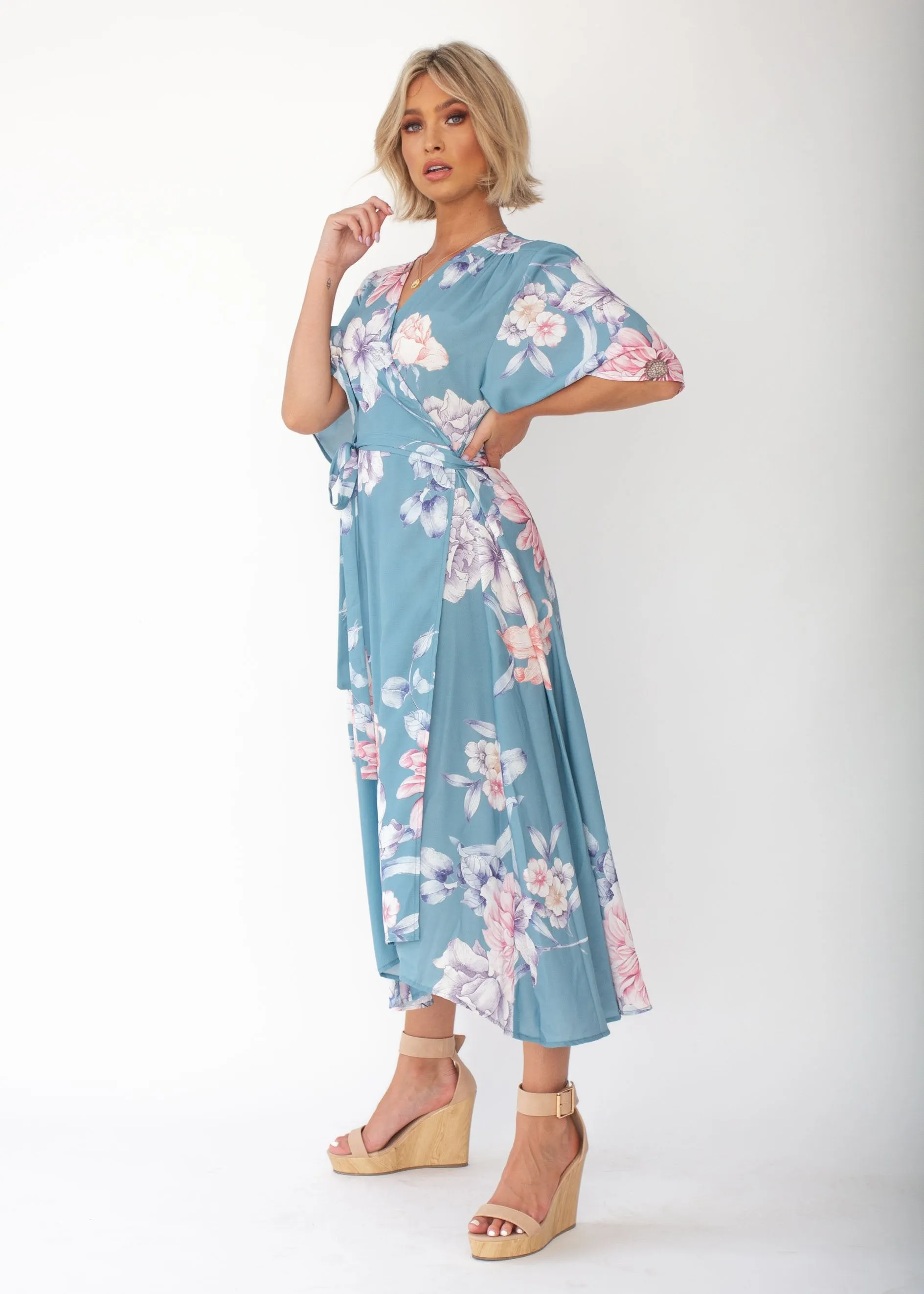 Daphne Midi Wrap Dress - Teal Floral