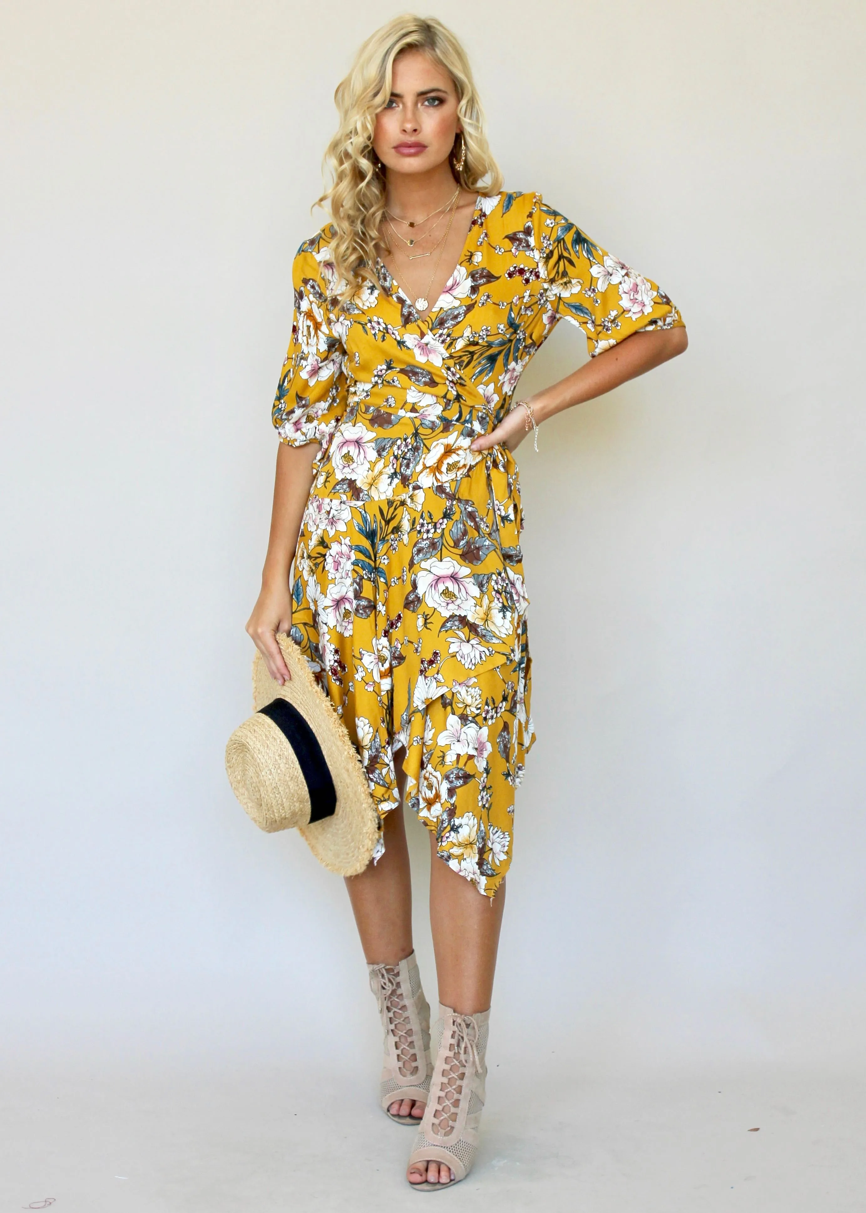 Echo Vibe Wrap Dress - Mustard