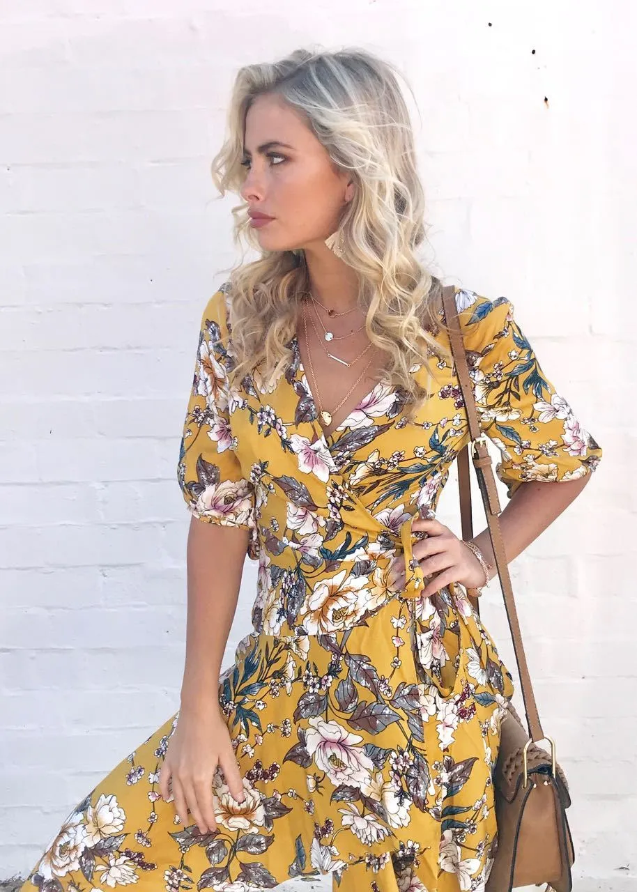 Echo Vibe Wrap Dress - Mustard