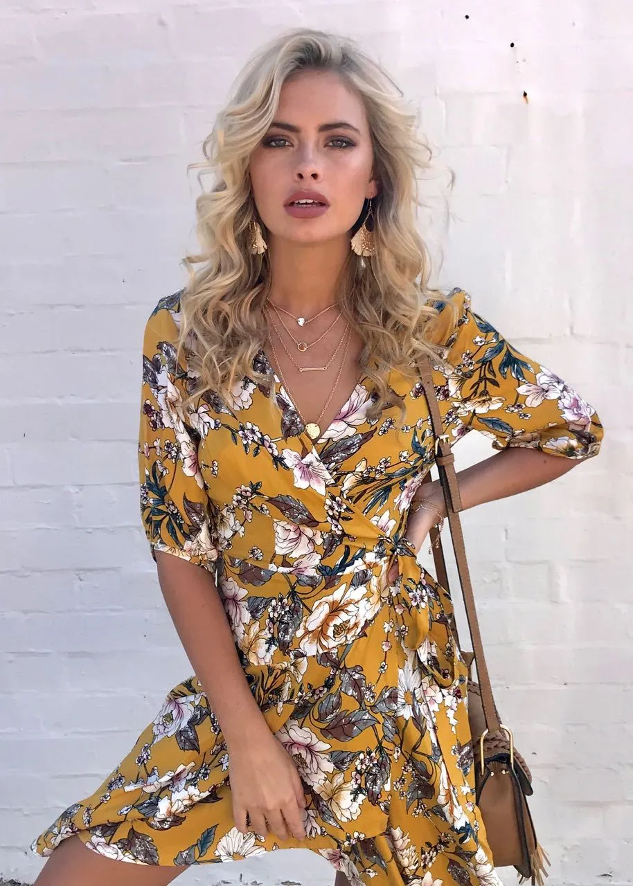 Echo Vibe Wrap Dress - Mustard