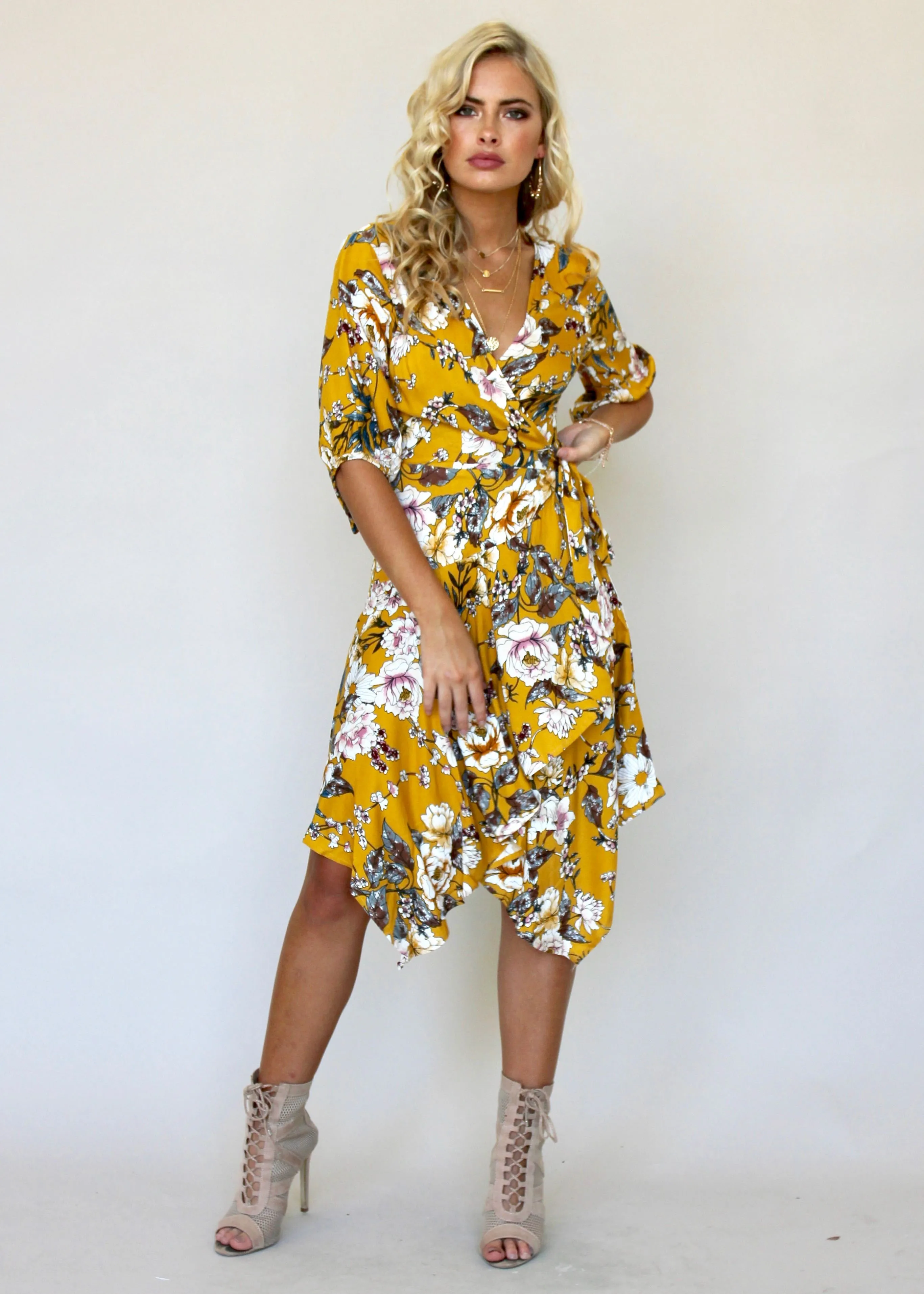 Echo Vibe Wrap Dress - Mustard