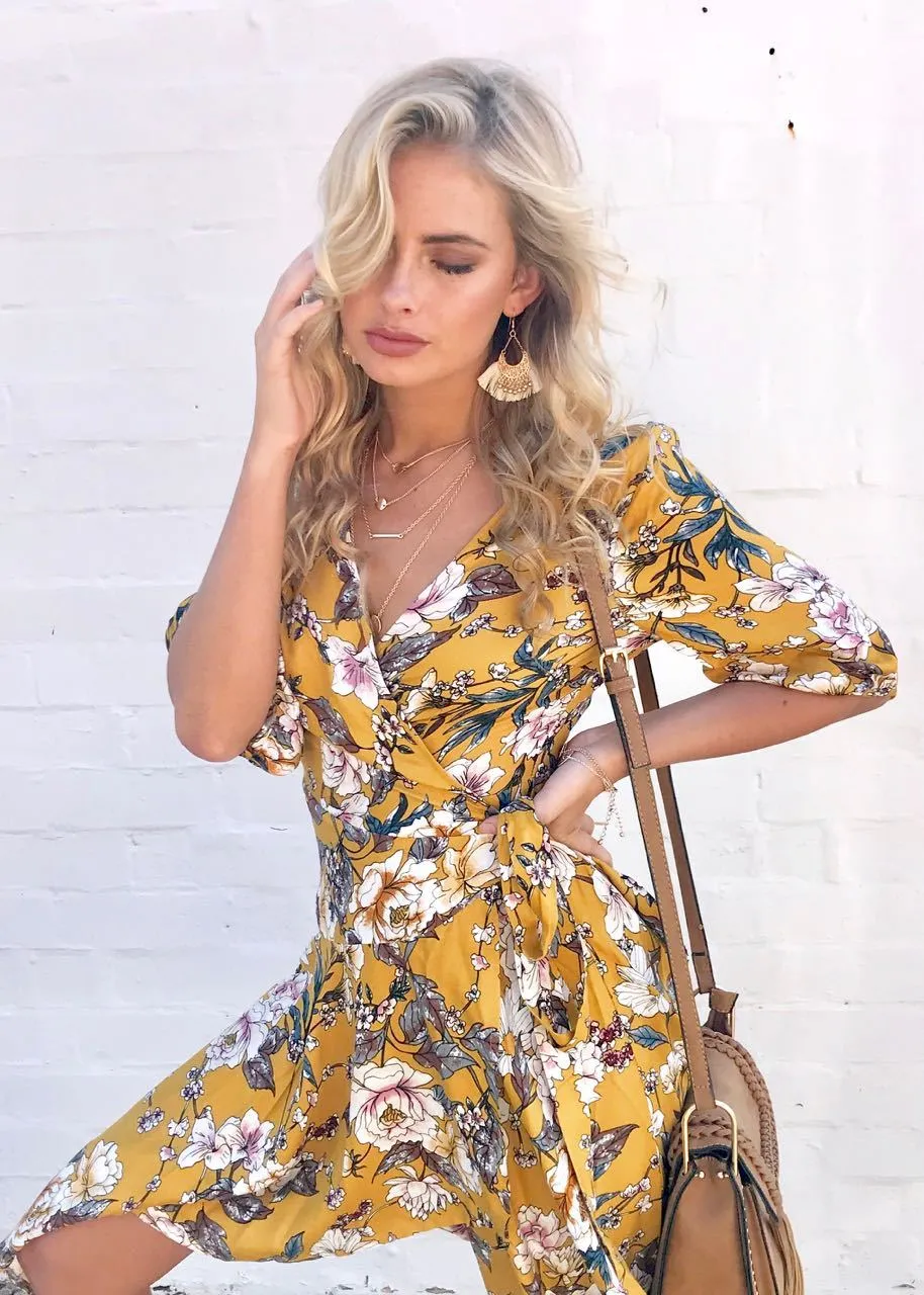 Echo Vibe Wrap Dress - Mustard