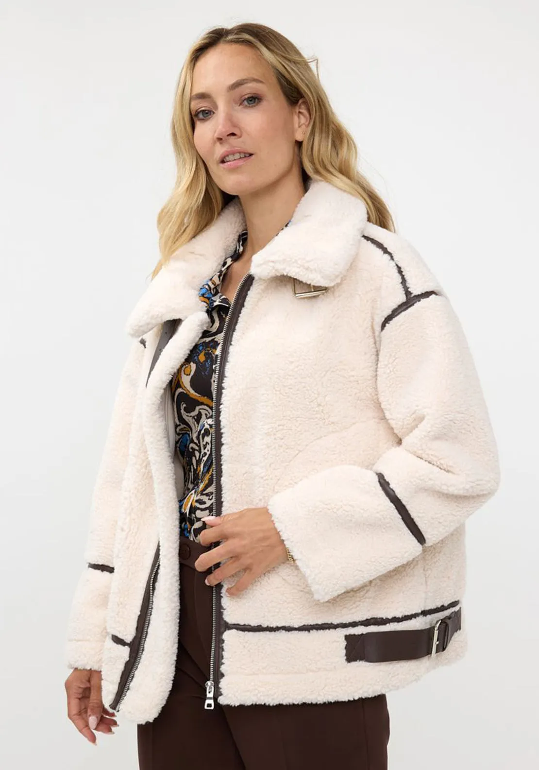 EsQualo Faux Fur Aviator Jacket, Cream