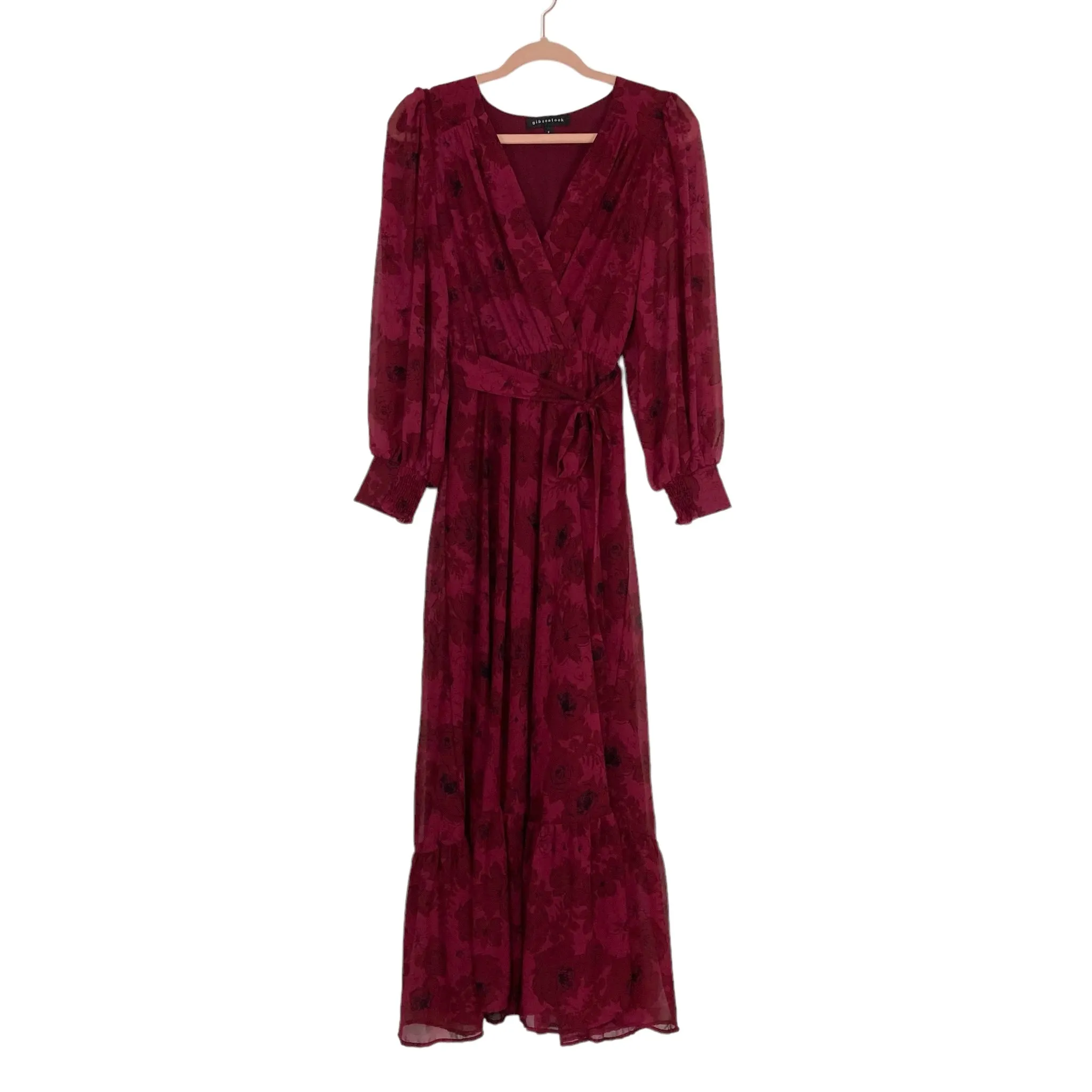 Gibson Look Dark Burgandy Floral Lindsay Flowy Wrap Maxi Dress- Size S