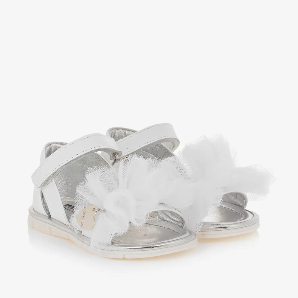 Girls White Leather & Tulle Frill Sandals