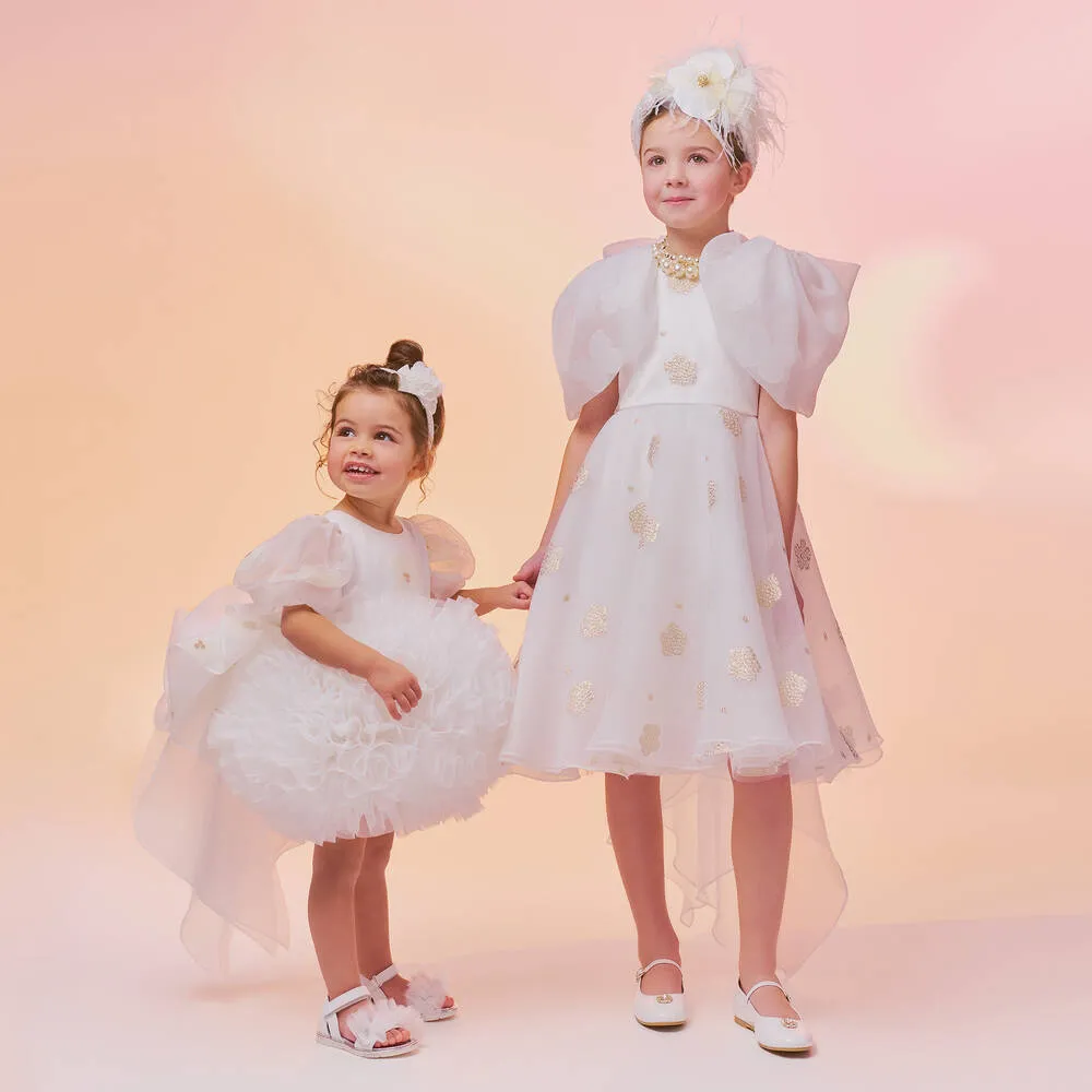 Girls White Leather & Tulle Frill Sandals