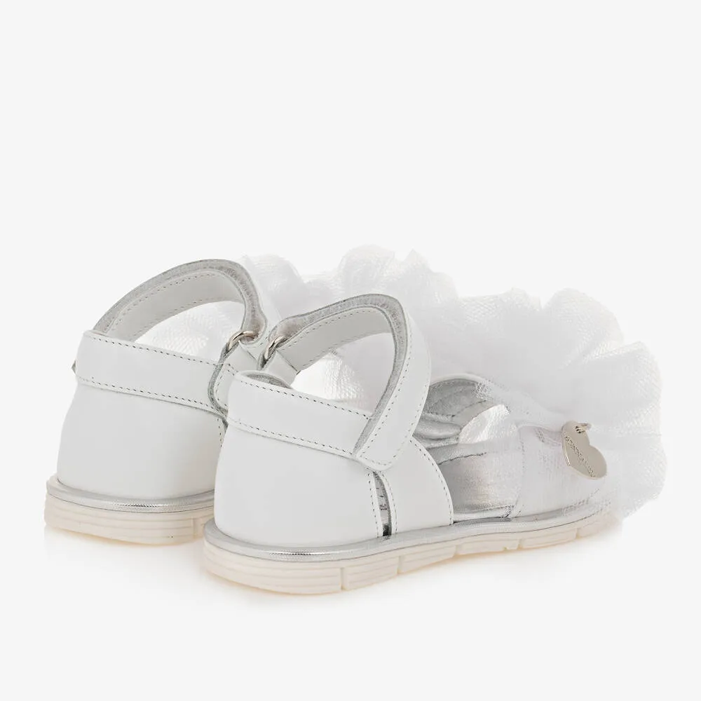 Girls White Leather & Tulle Frill Sandals