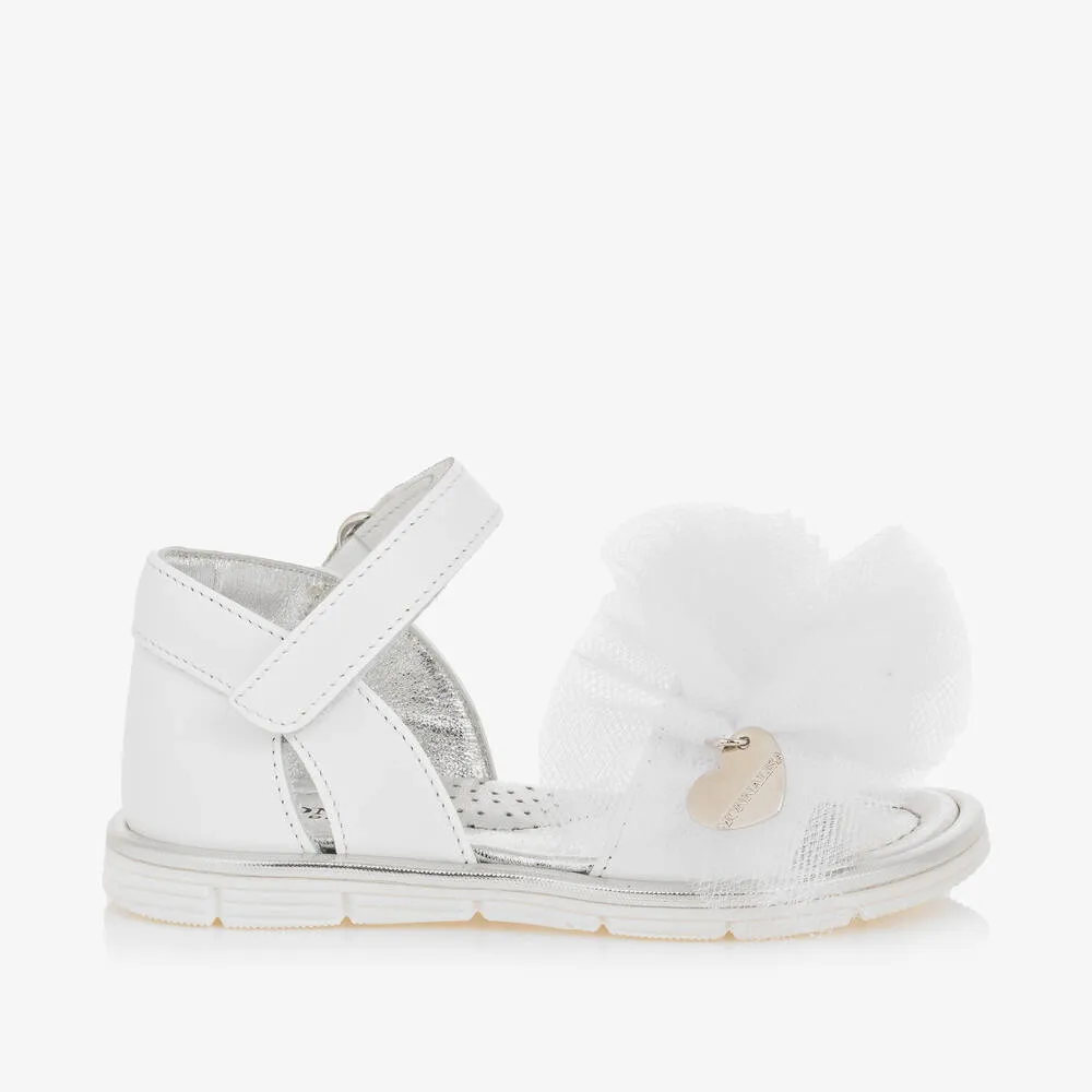 Girls White Leather & Tulle Frill Sandals