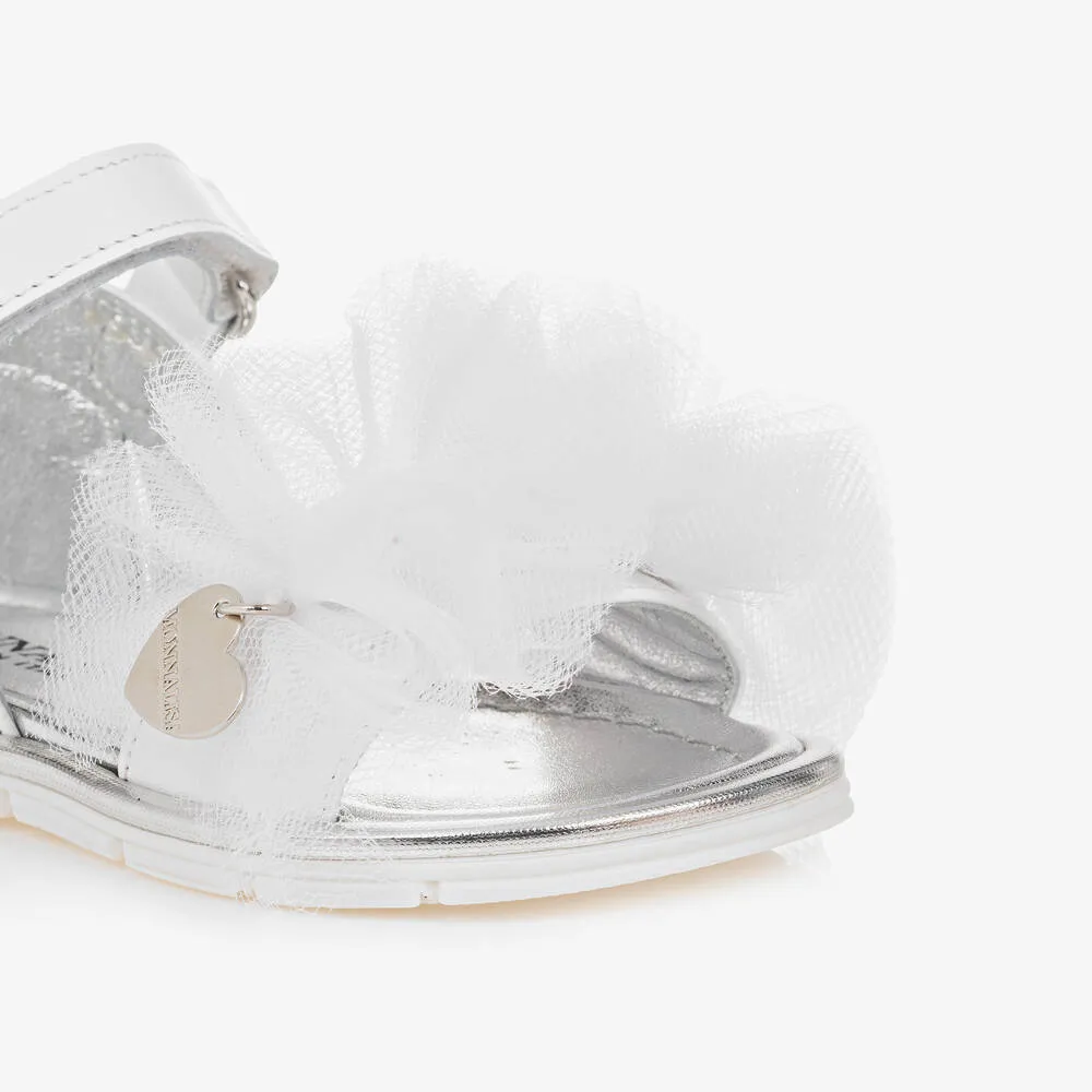 Girls White Leather & Tulle Frill Sandals