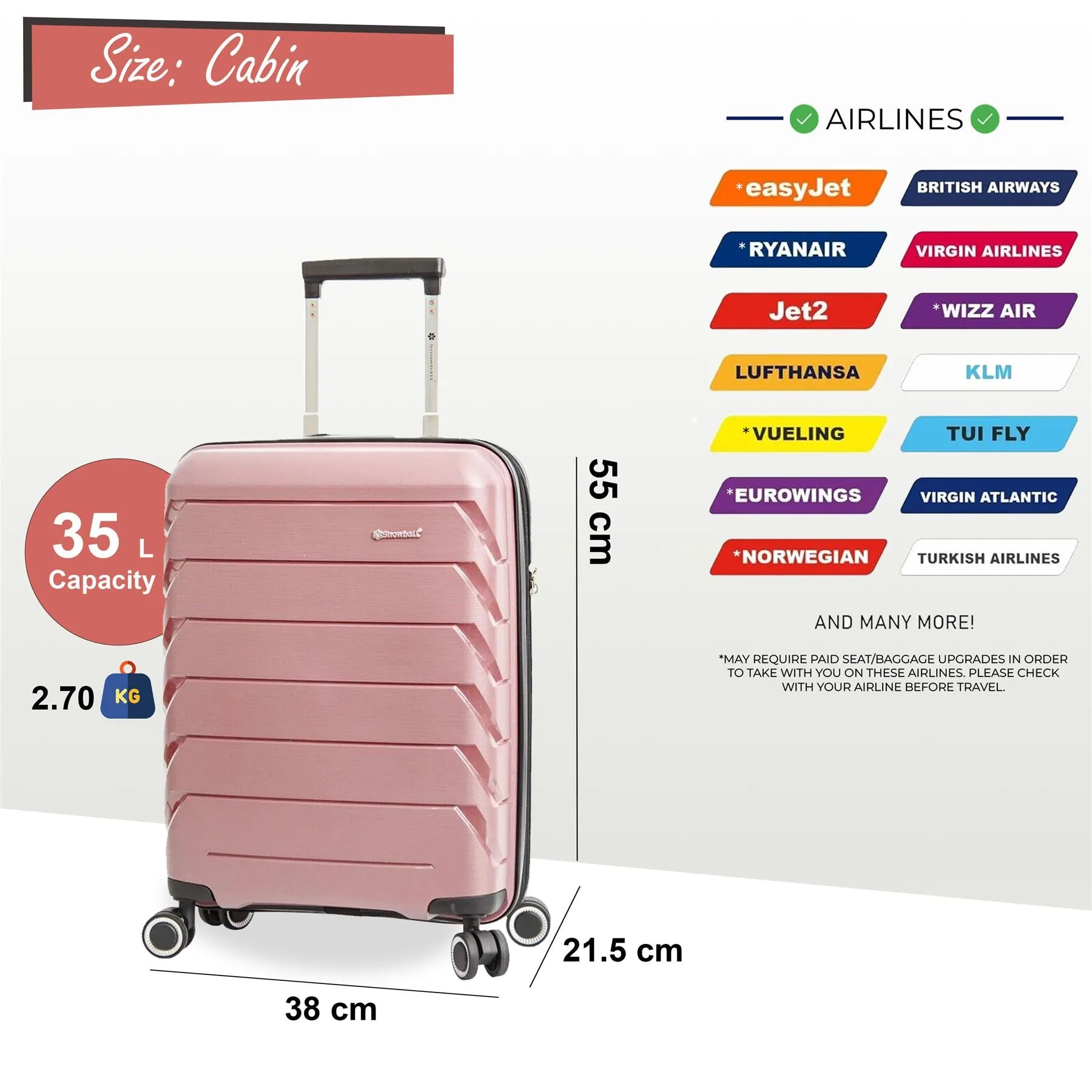 Hard Shell Cabin 55 x 38 x 21.5 cm Suitcase Suitable for Easyjet, Ryanair