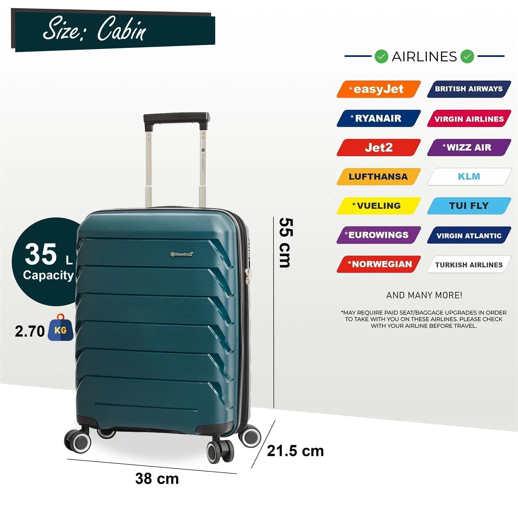 Hard Shell Cabin 55 x 38 x 21.5 cm Suitcase Suitable for Easyjet, Ryanair