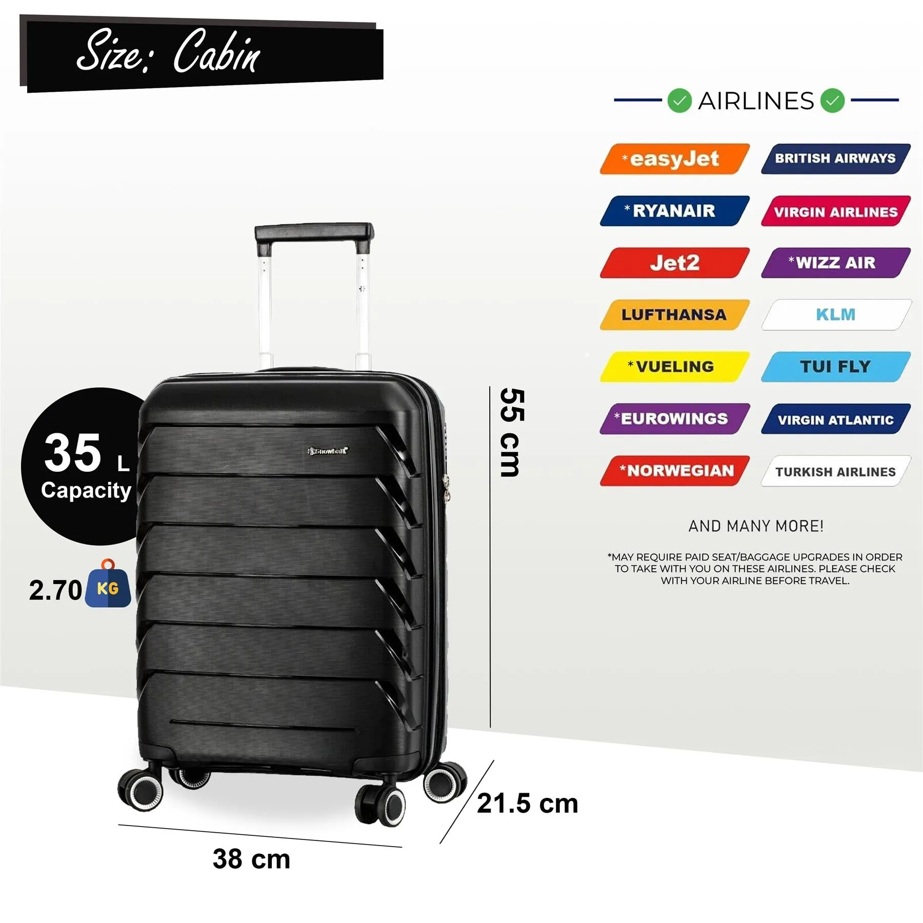 Hard Shell Cabin 55 x 38 x 21.5 cm Suitcase Suitable for Easyjet, Ryanair