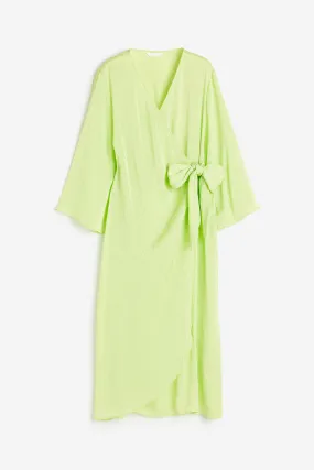 Jacquard-weave wrap dress - V-neck - 3/4 sleeve - Lime green - Ladies | H&M GB