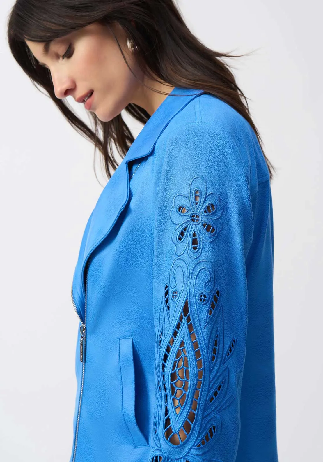 Joseph Ribkoff Crochet Flower Moto Jacket, Blue