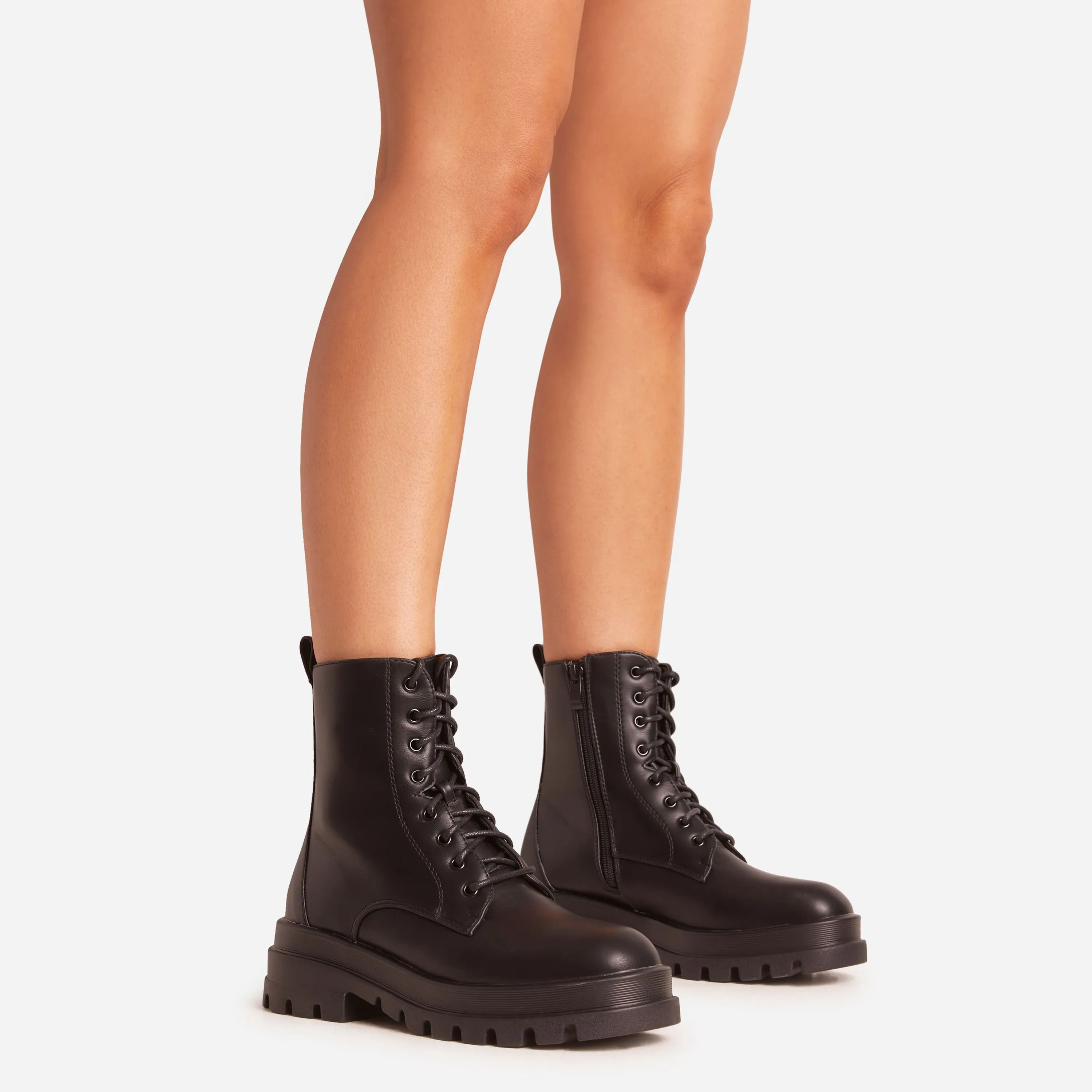 Kallie Lace Up Chunky Ankle Biker Boot In Black Faux Leather