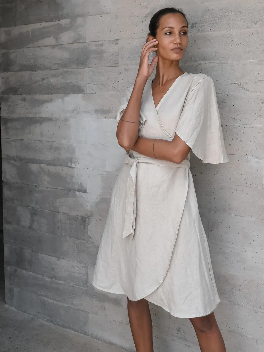 Luciee Linen Wrap Dress In Beige - Ayla