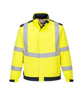 Mens hi-vis modaflame multi-norm soft shell jacket yellow/navy Portwest