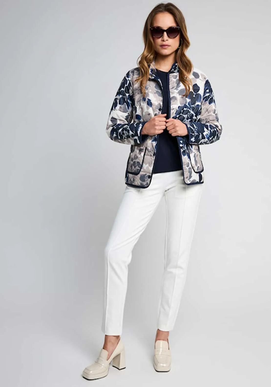 Micha Floral Padded Jacket, Beige and Navy