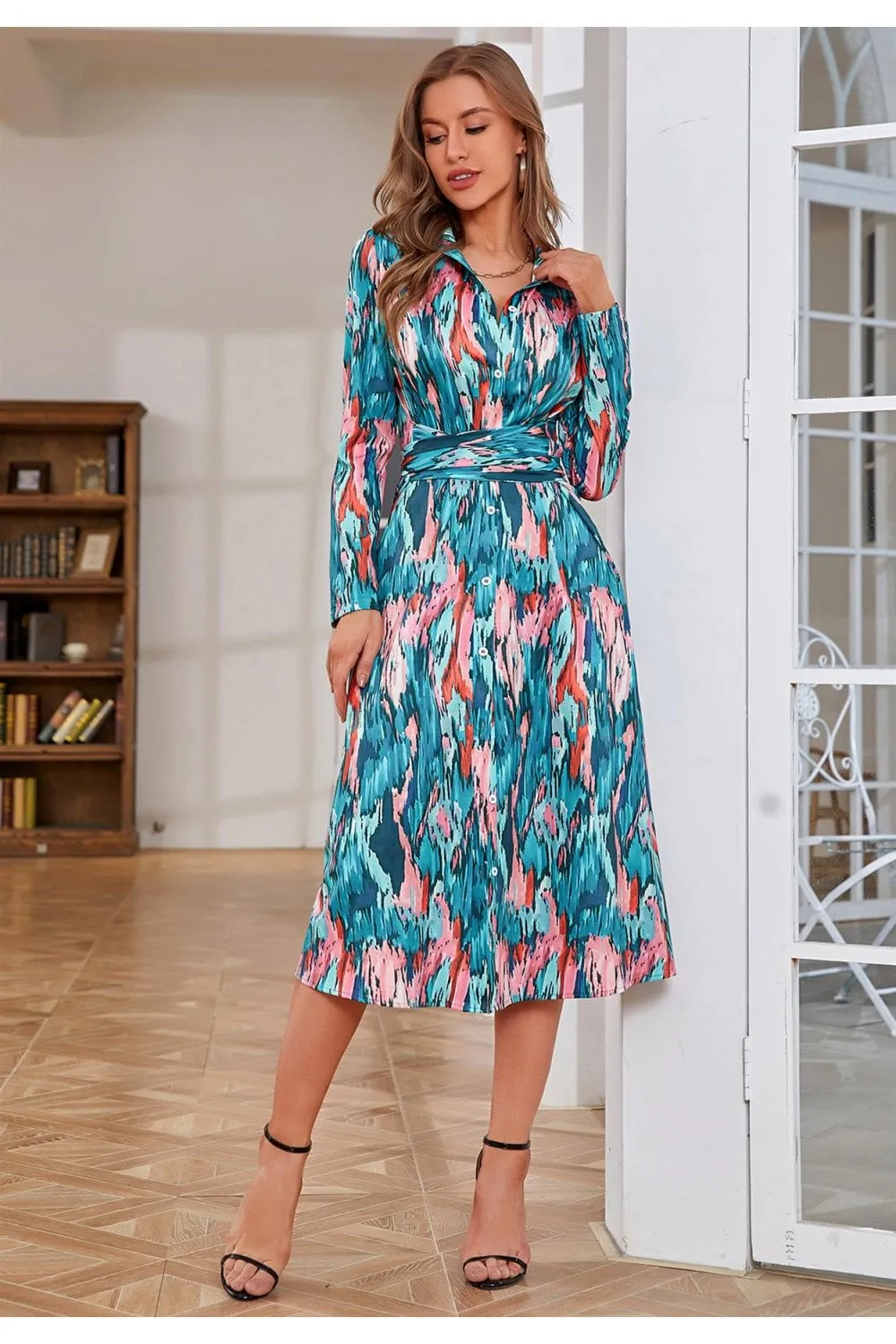 Multi Color Print Shirt Midi Wrap Dress In Green & Pink