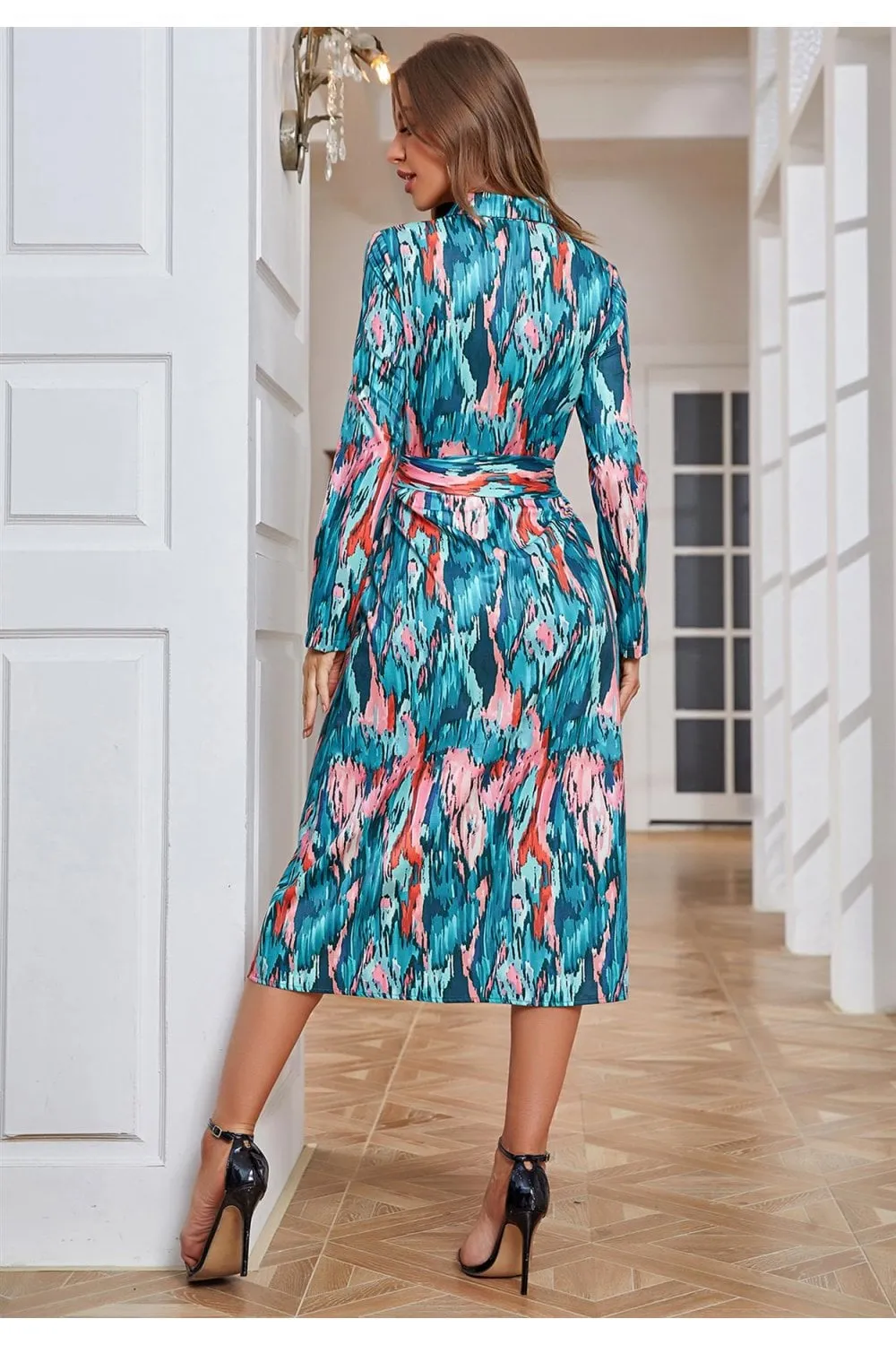 Multi Color Print Shirt Midi Wrap Dress In Green & Pink