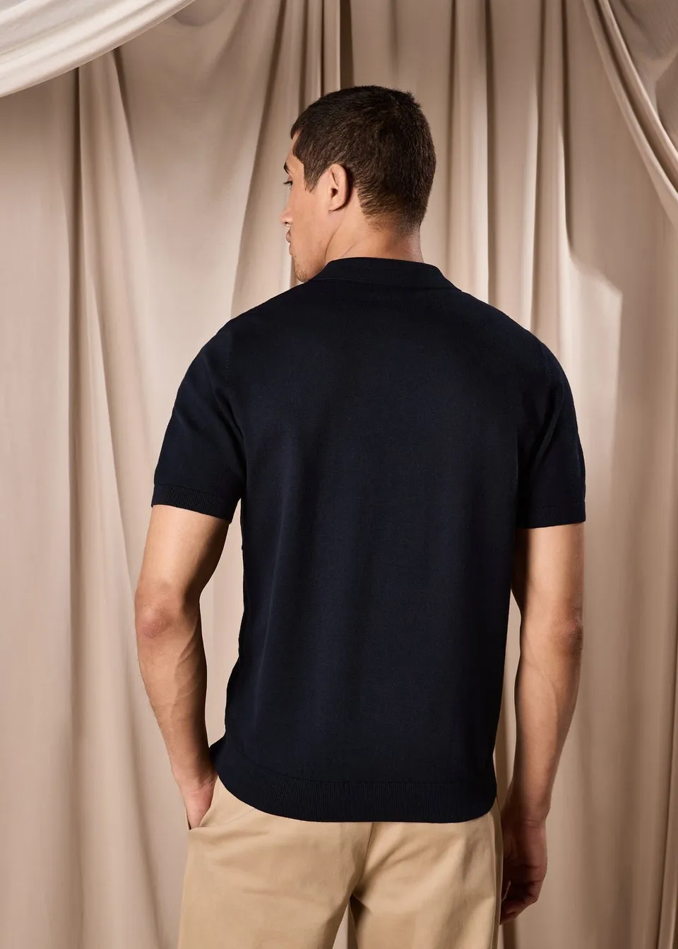 Navy Pointelle Smart Knitted Polo