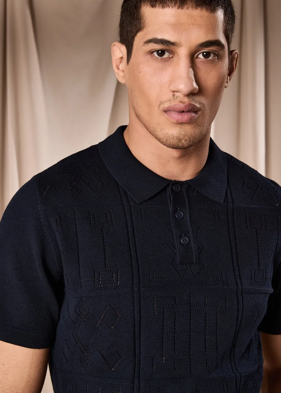 Navy Pointelle Smart Knitted Polo