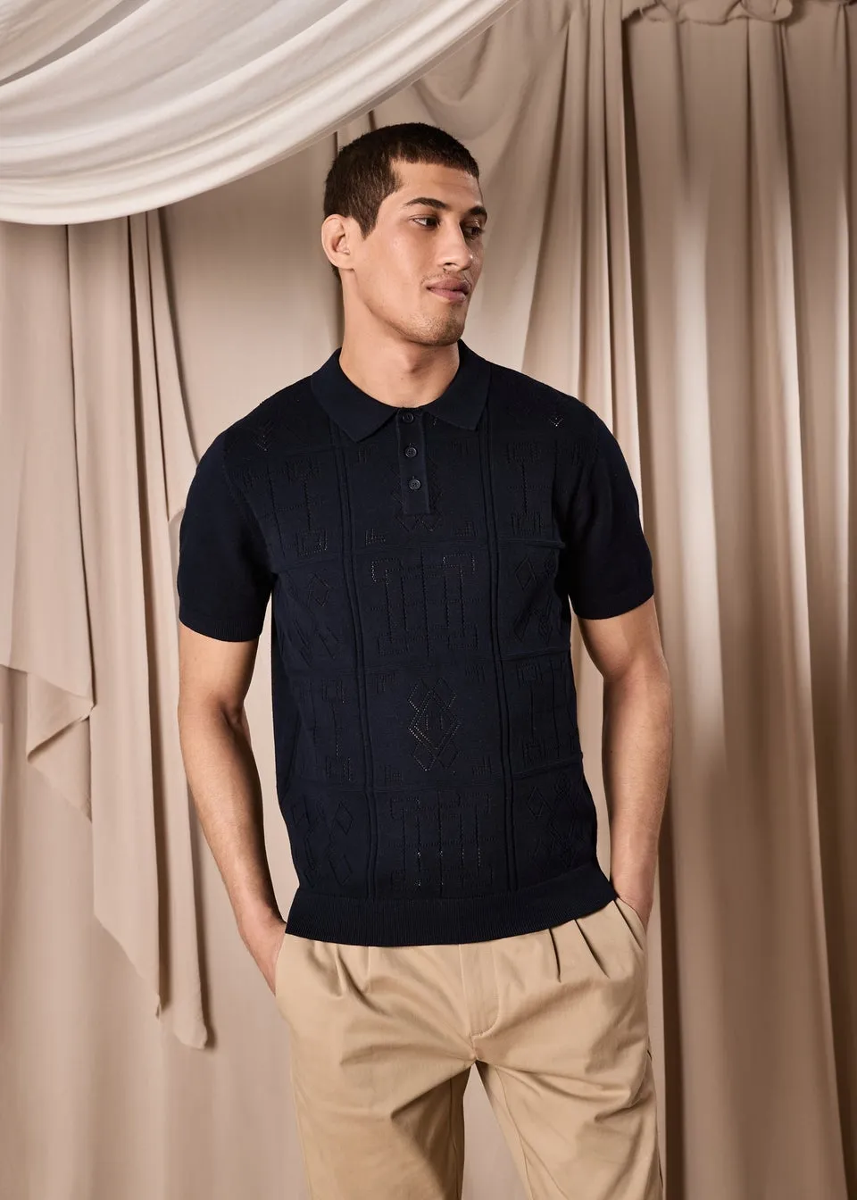 Navy Pointelle Smart Knitted Polo