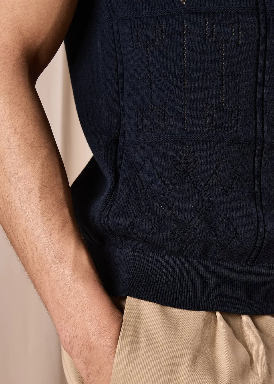 Navy Pointelle Smart Knitted Polo