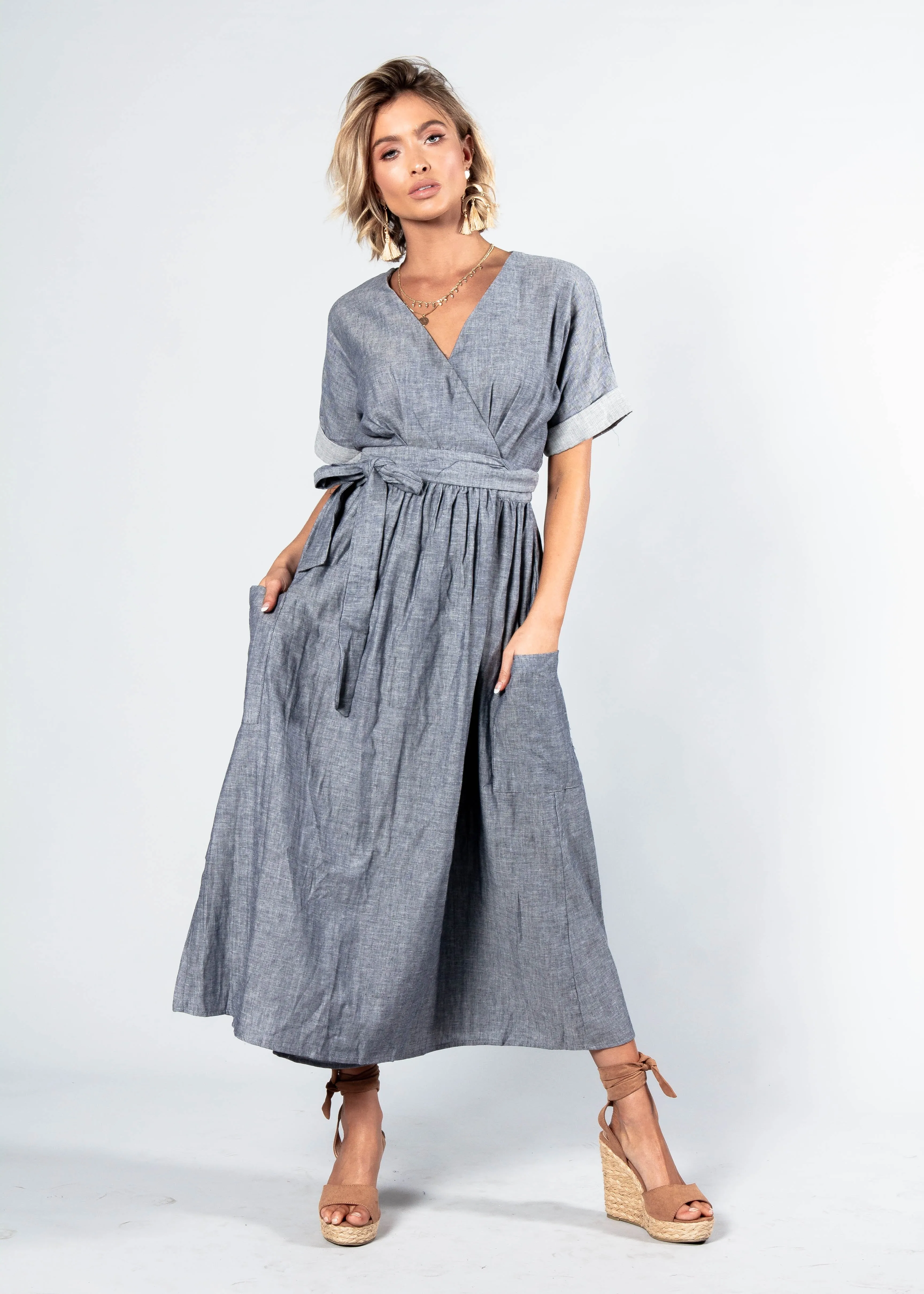 Ocean's End Chambray Wrap Midi Dress - Navy